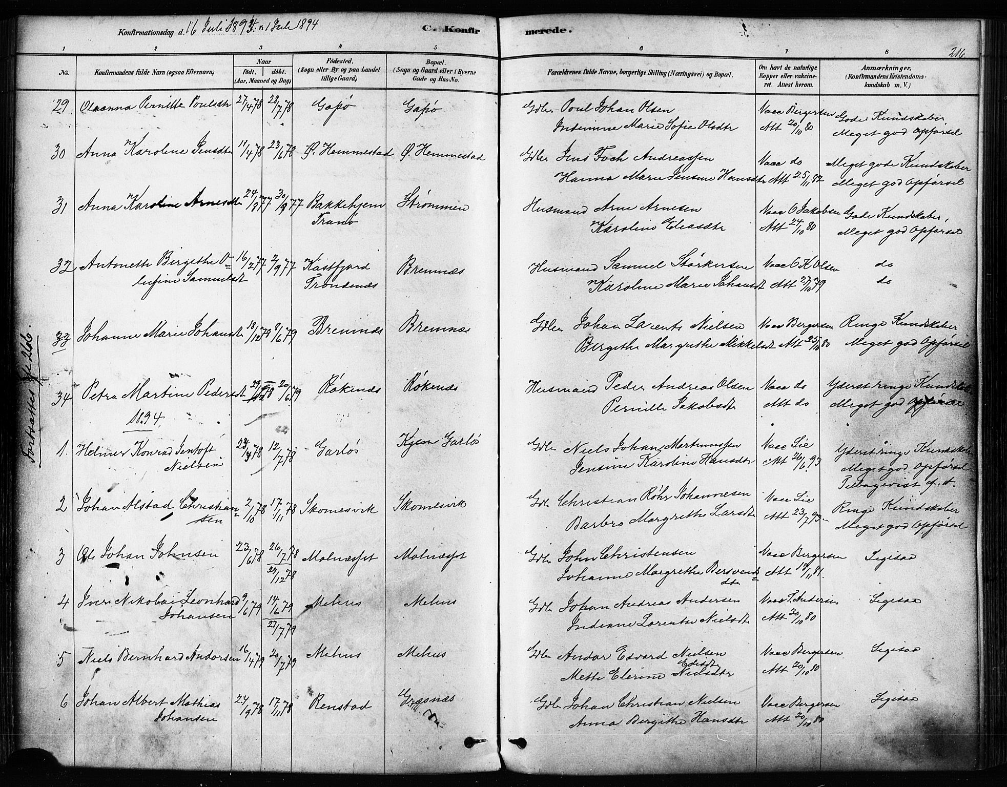 Kvæfjord sokneprestkontor, SATØ/S-1323/G/Ga/Gaa/L0005kirke: Parish register (official) no. 5, 1878-1894, p. 216