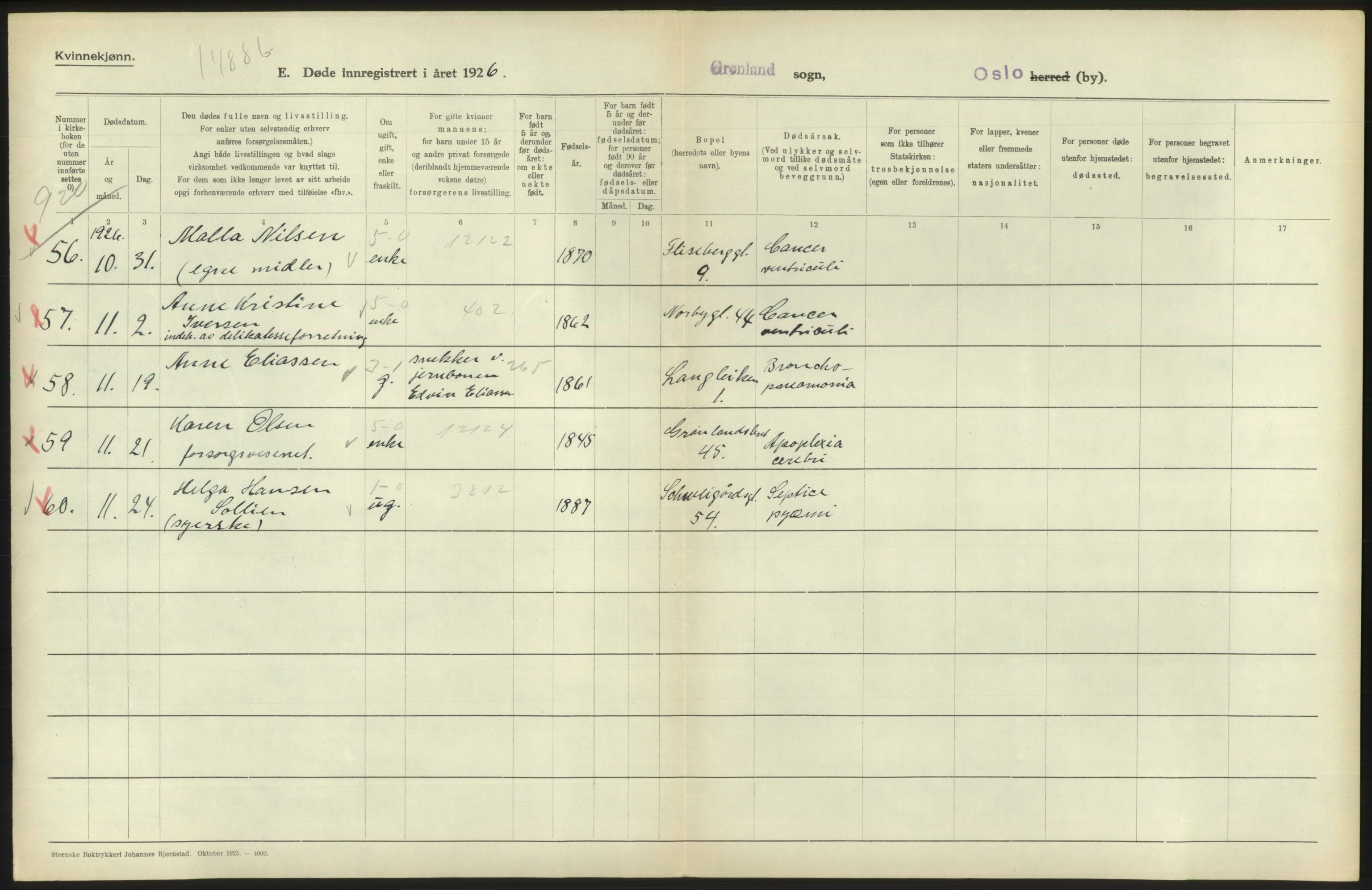 Statistisk sentralbyrå, Sosiodemografiske emner, Befolkning, AV/RA-S-2228/D/Df/Dfc/Dfcf/L0010: Oslo: Døde kvinner, dødfødte, 1926, p. 338