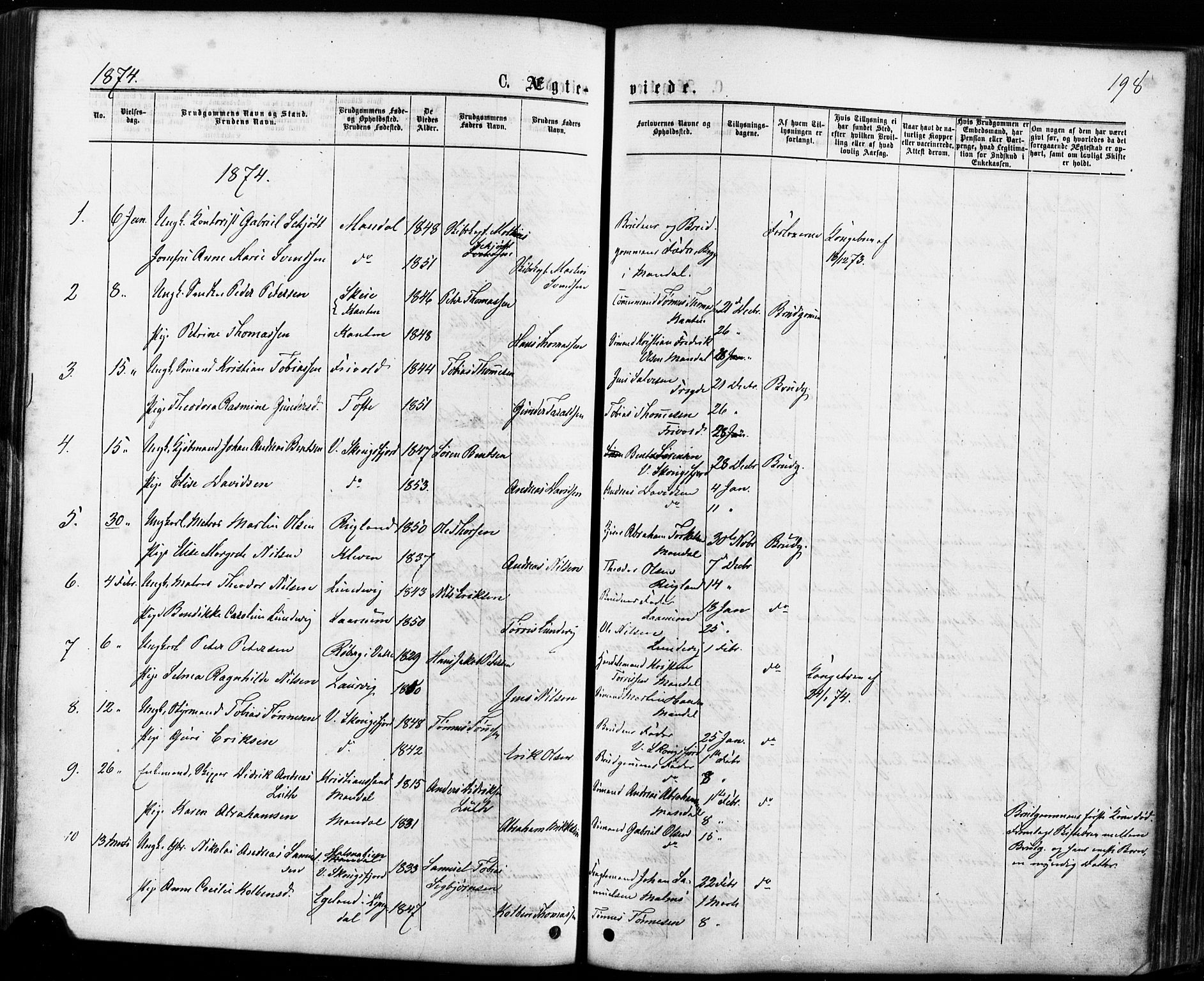 Mandal sokneprestkontor, SAK/1111-0030/F/Fa/Faa/L0015: Parish register (official) no. A 15, 1873-1879, p. 198