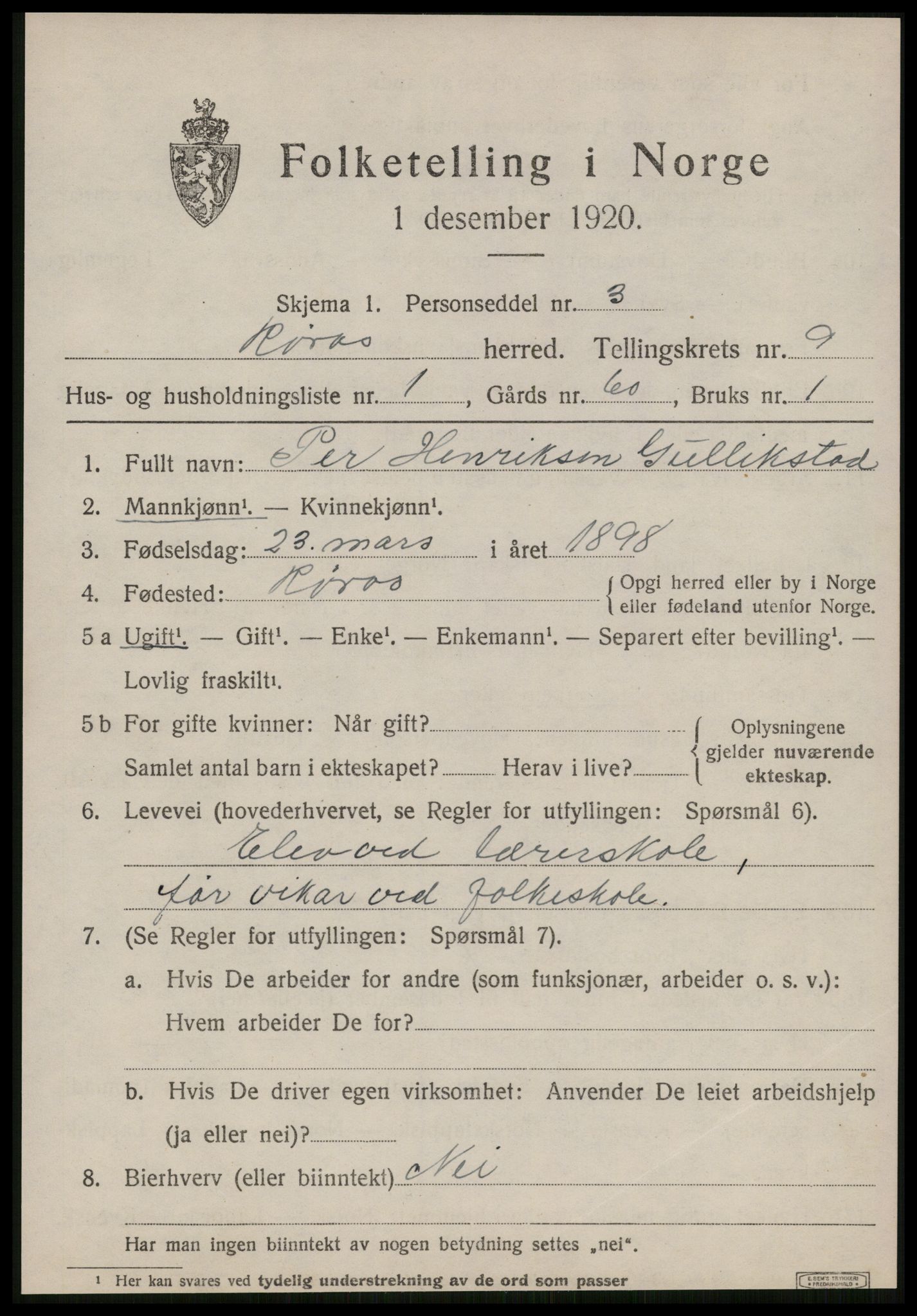 SAT, 1920 census for Røros, 1920, p. 7692