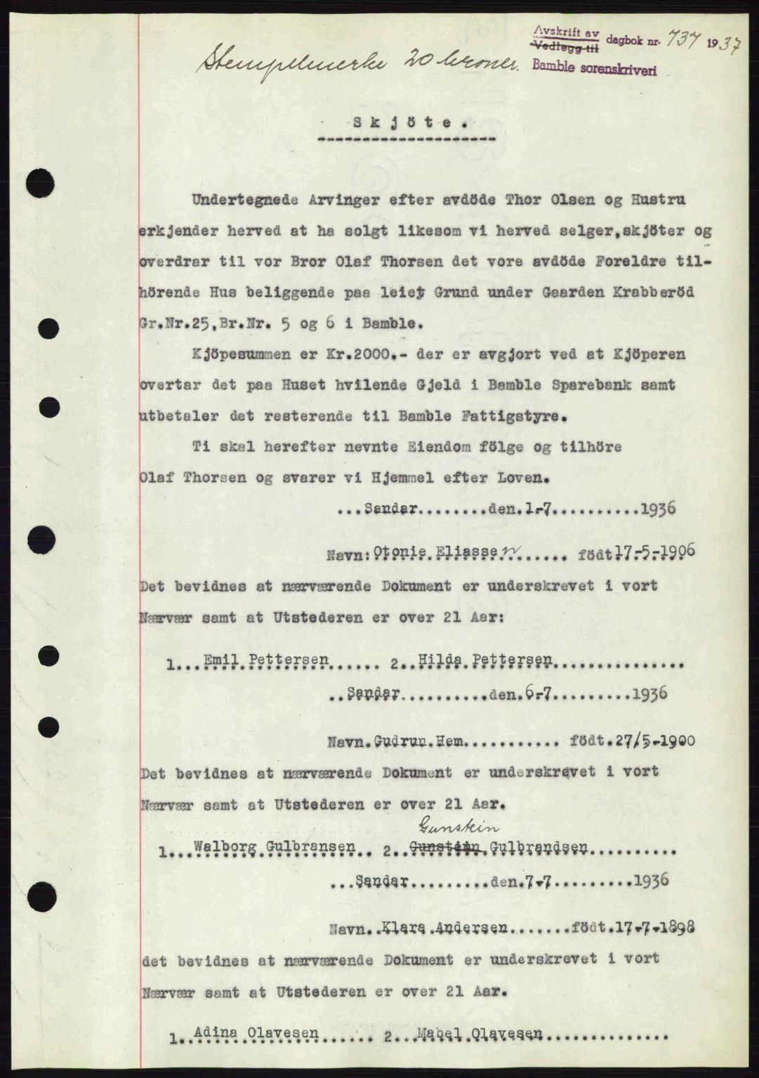 Bamble sorenskriveri, AV/SAKO-A-214/G/Ga/Gag/L0002: Mortgage book no. A-2, 1937-1938, Diary no: : 737/1937