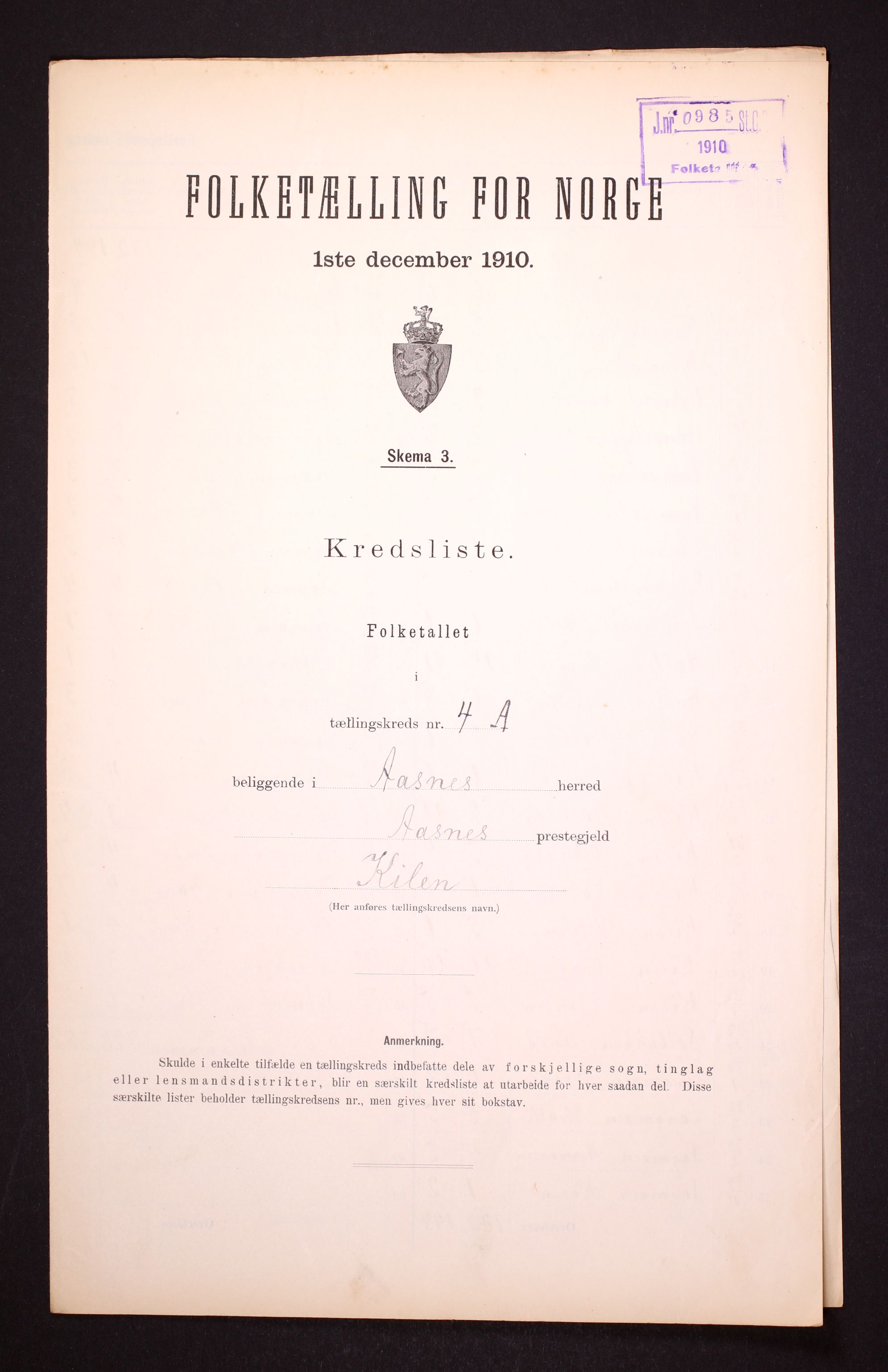 RA, 1910 census for Åsnes, 1910, p. 13