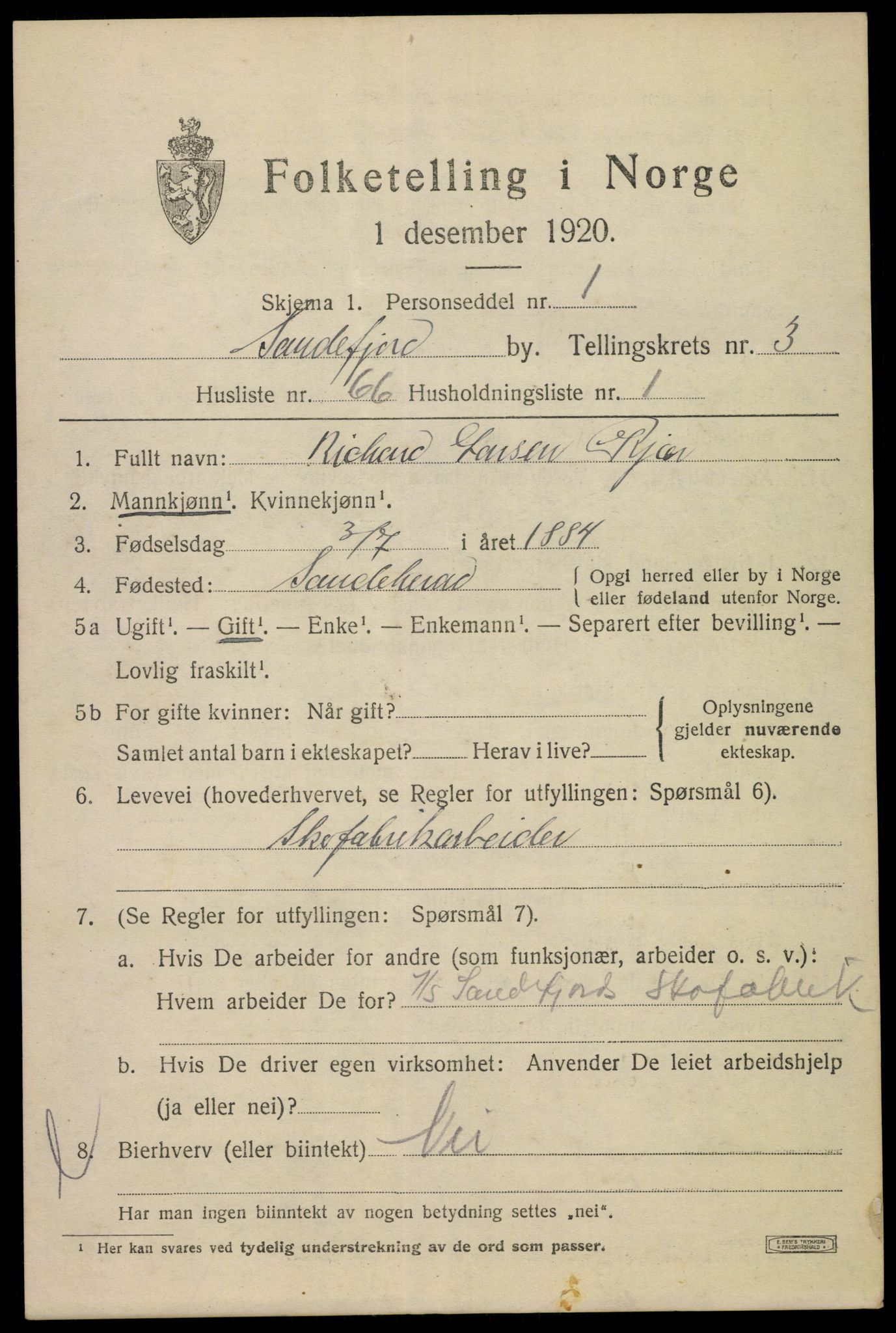 SAKO, 1920 census for Sandefjord, 1920, p. 7412