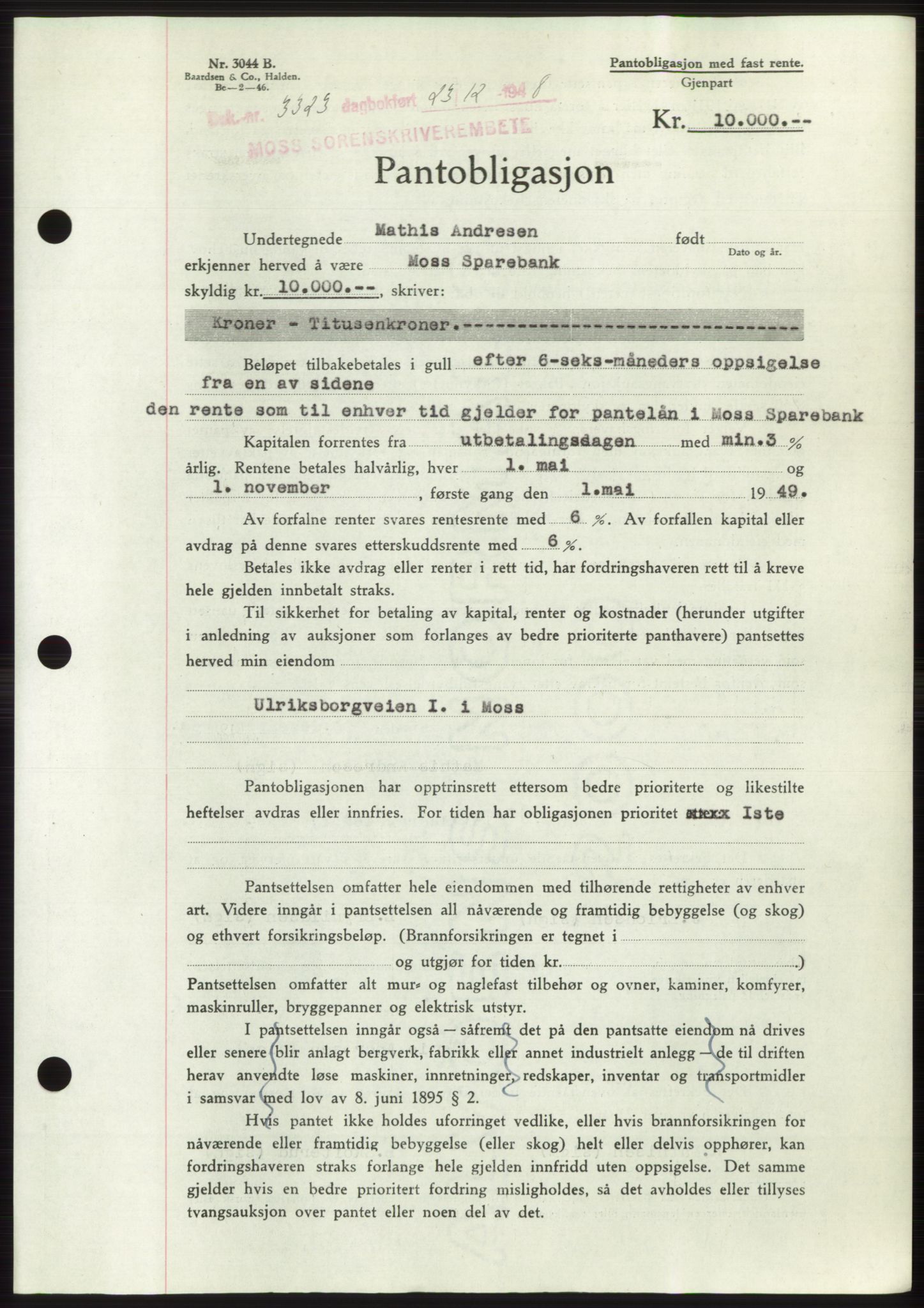 Moss sorenskriveri, AV/SAO-A-10168: Mortgage book no. B20, 1948-1948, Diary no: : 3323/1948