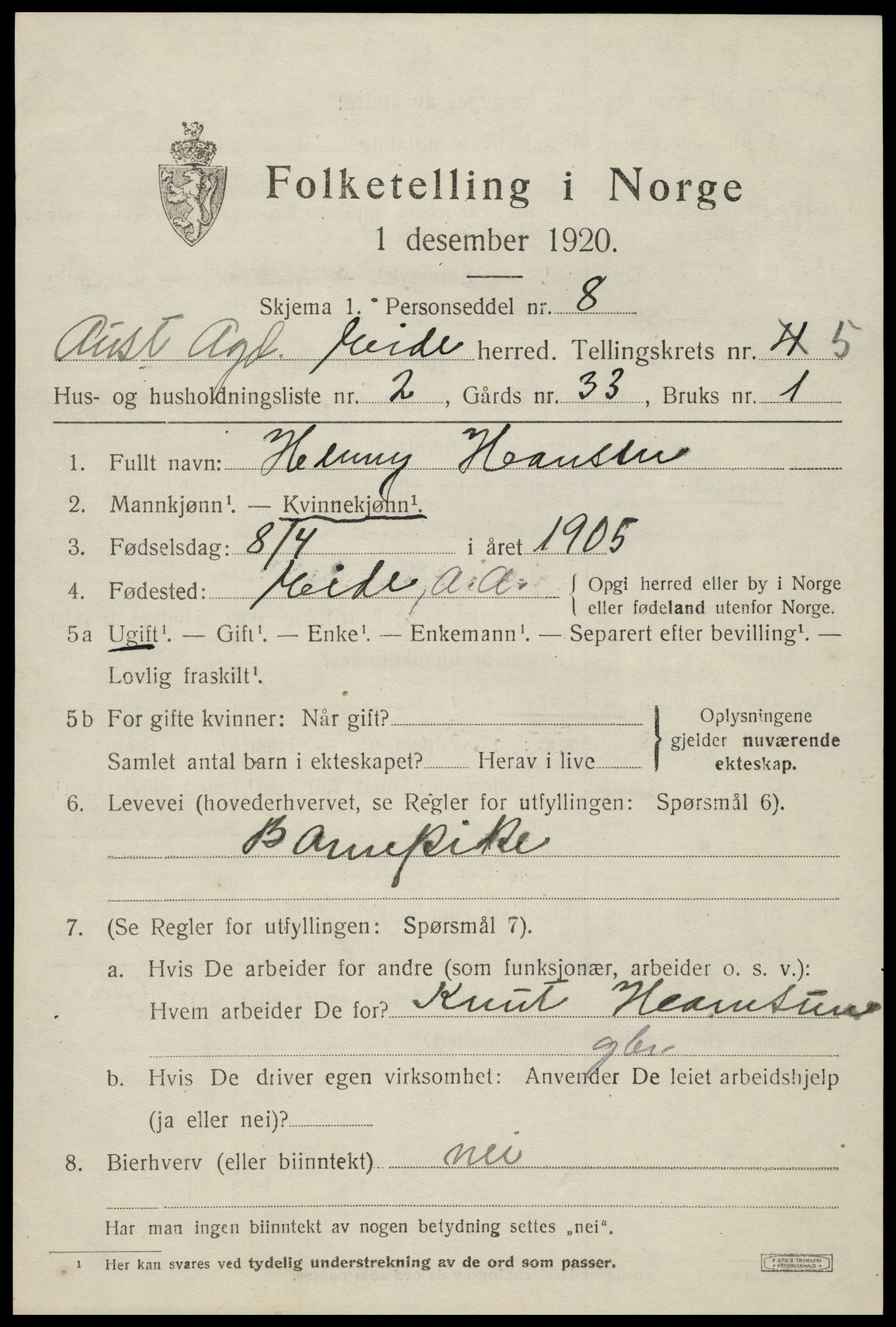 SAK, 1920 census for Eide, 1920, p. 1408