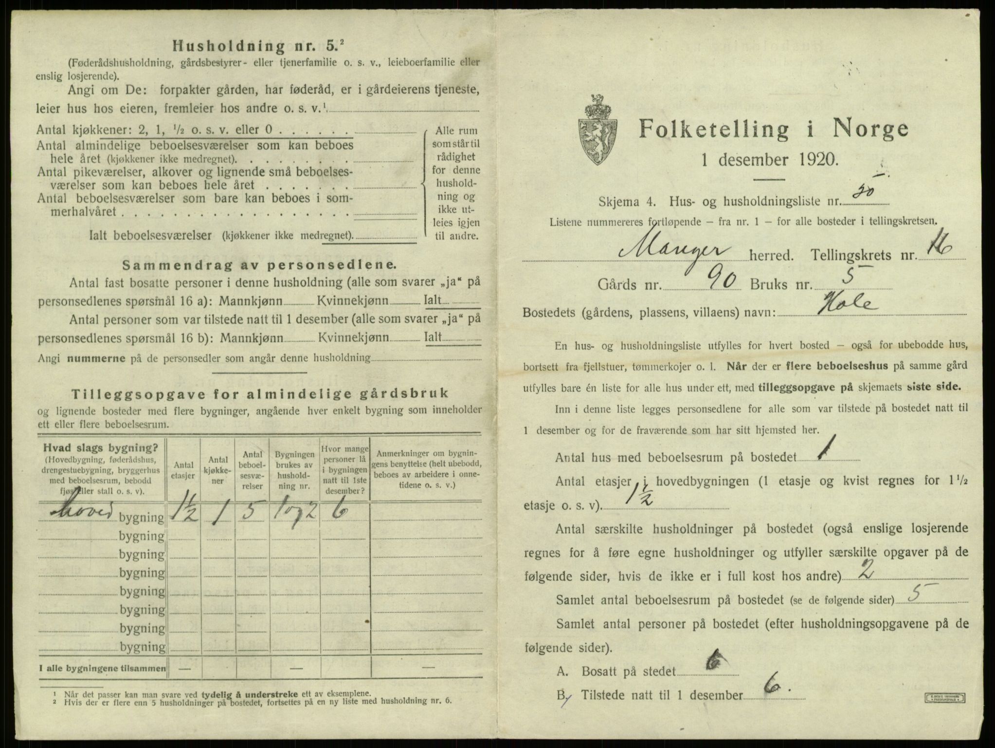 SAB, 1920 census for Manger, 1920, p. 1277