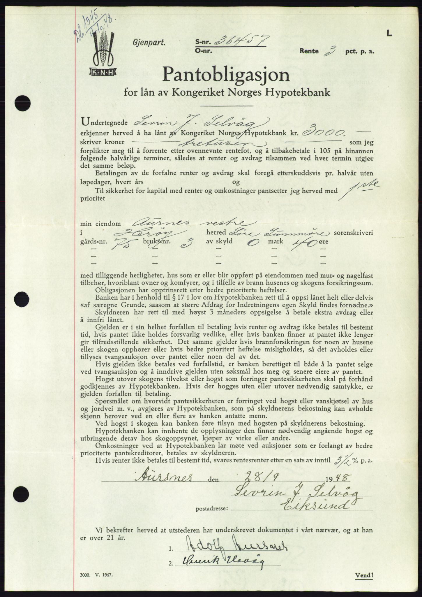 Søre Sunnmøre sorenskriveri, AV/SAT-A-4122/1/2/2C/L0116: Mortgage book no. 4B, 1948-1949, Diary no: : 1345/1948