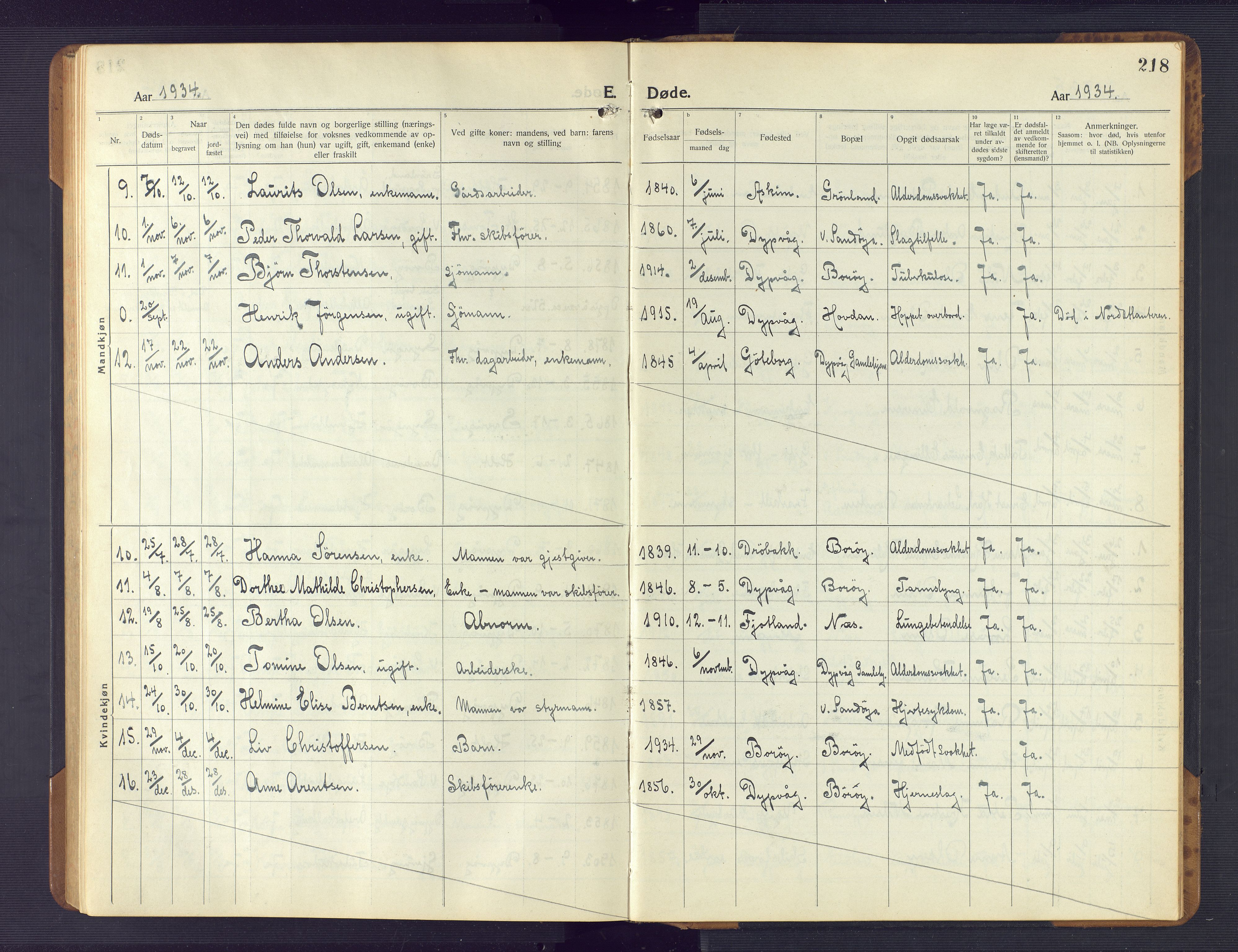 Dypvåg sokneprestkontor, SAK/1111-0007/F/Fb/Fba/L0015: Parish register (copy) no. B 15, 1922-1949, p. 218