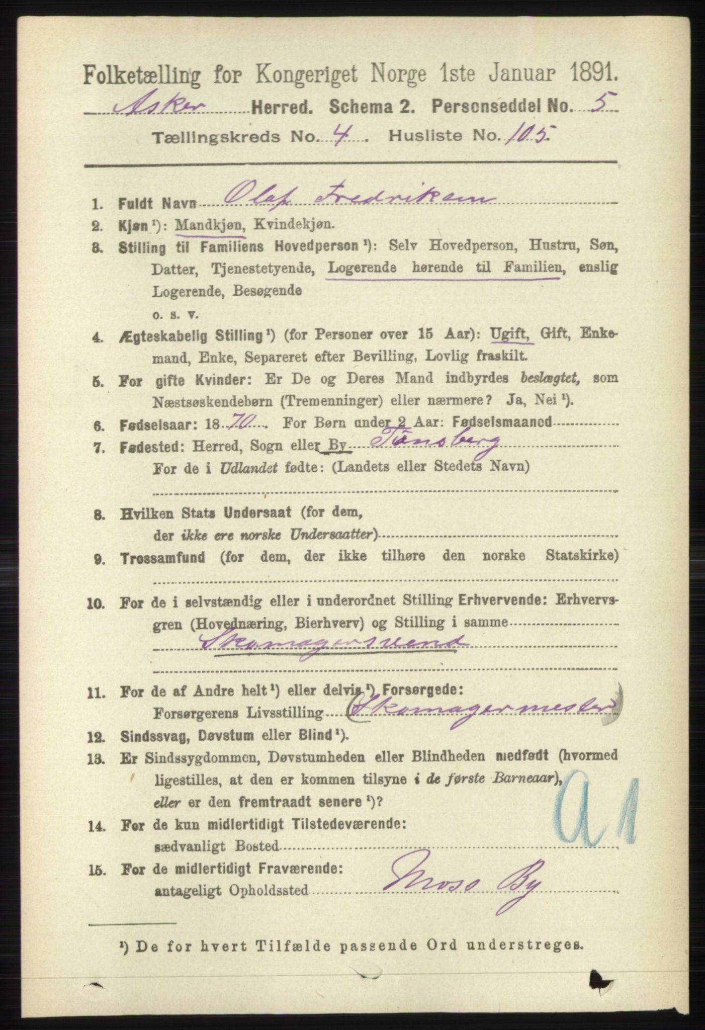 RA, 1891 census for 0220 Asker, 1891, p. 3624