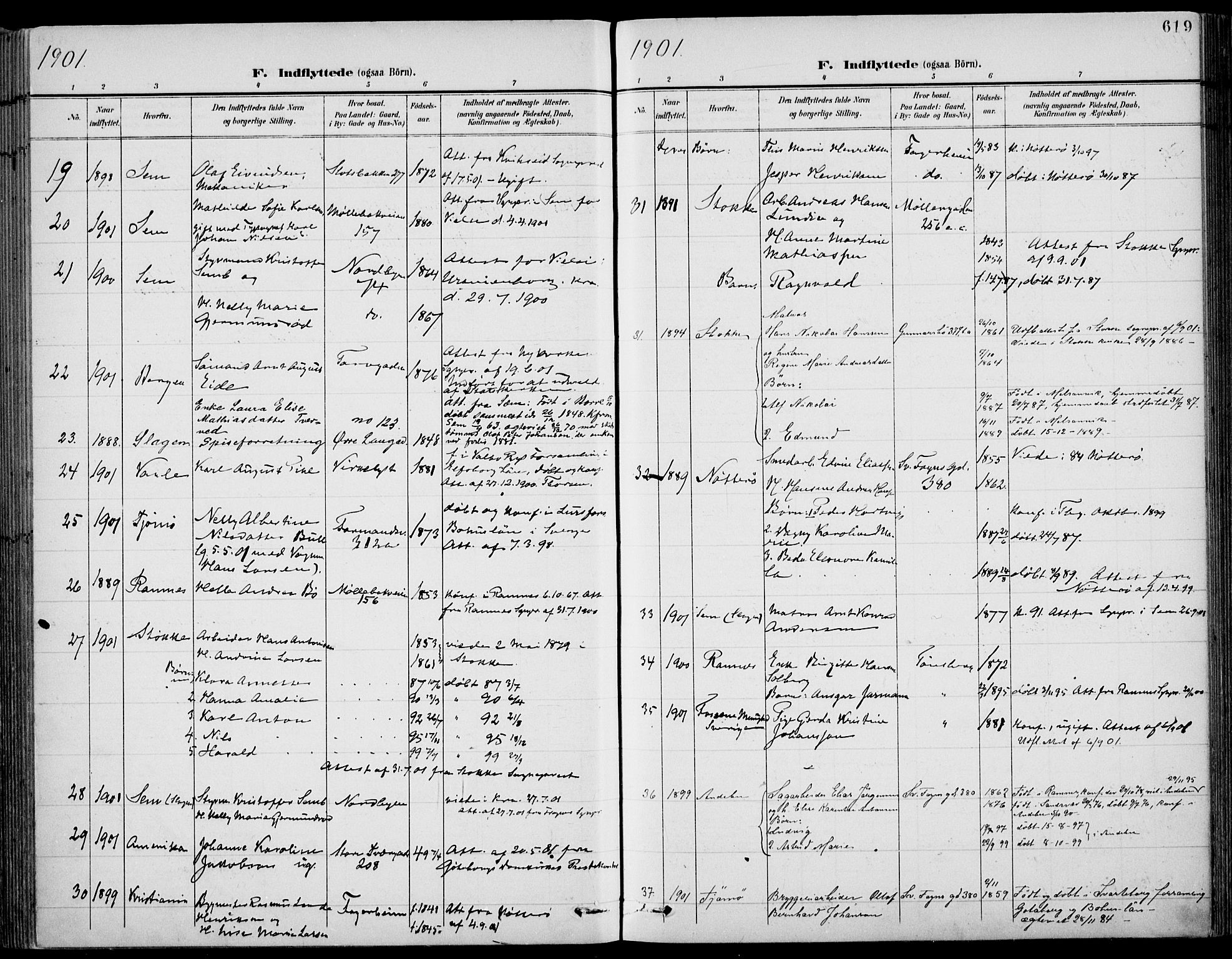 Tønsberg kirkebøker, SAKO/A-330/F/Fa/L0013: Parish register (official) no. I 13, 1900-1913, p. 619