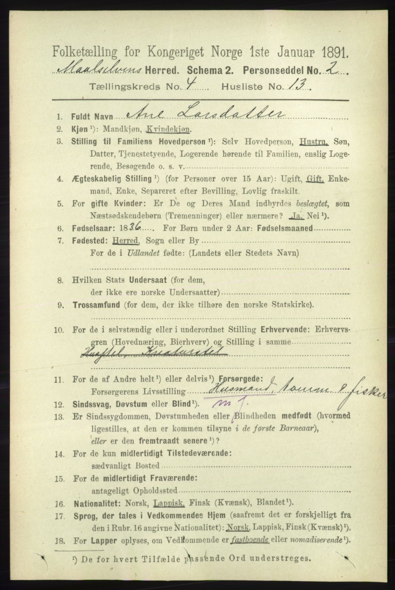 RA, 1891 census for 1924 Målselv, 1891, p. 1167