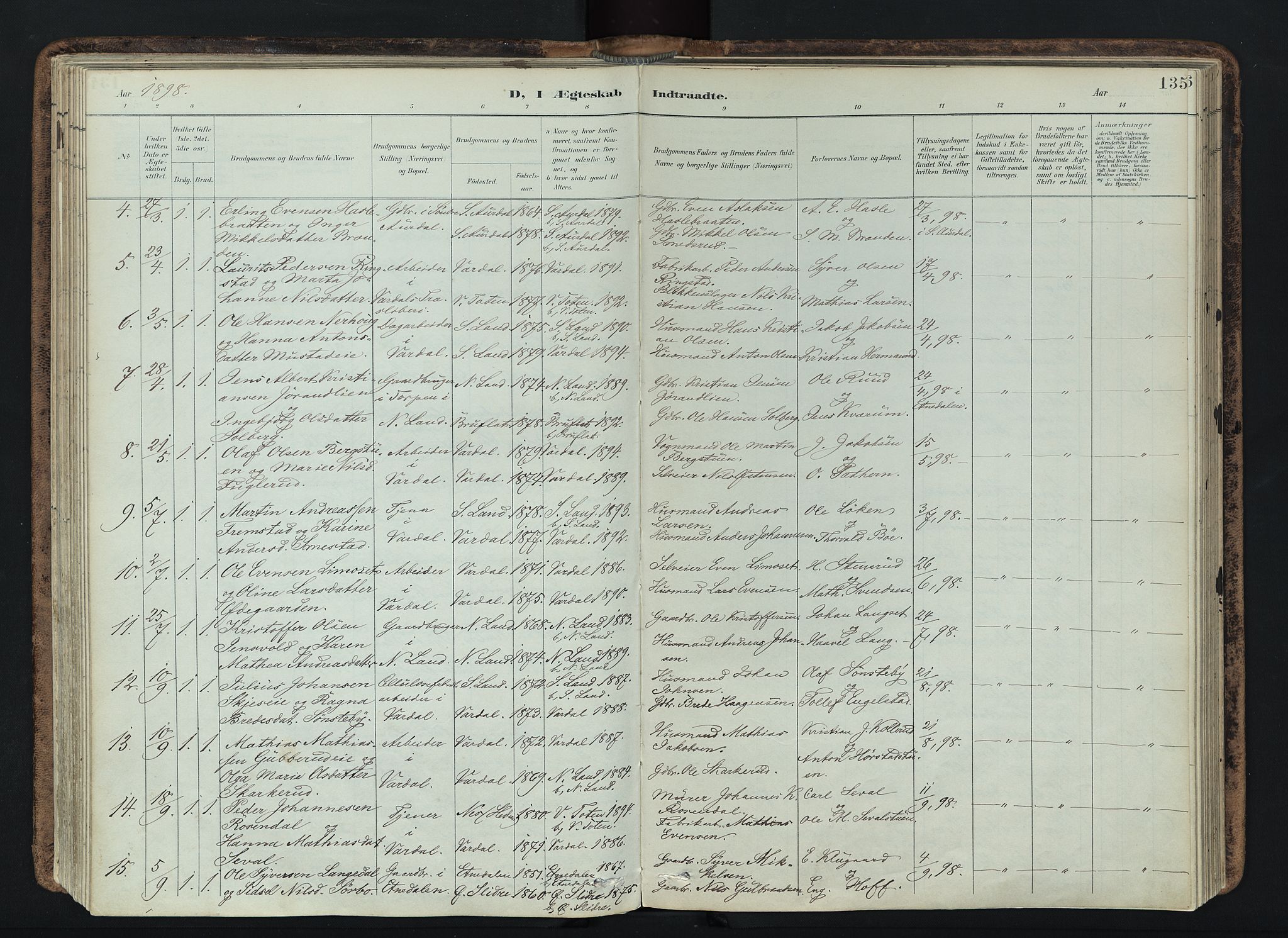Vardal prestekontor, SAH/PREST-100/H/Ha/Haa/L0019: Parish register (official) no. 19, 1893-1907, p. 135