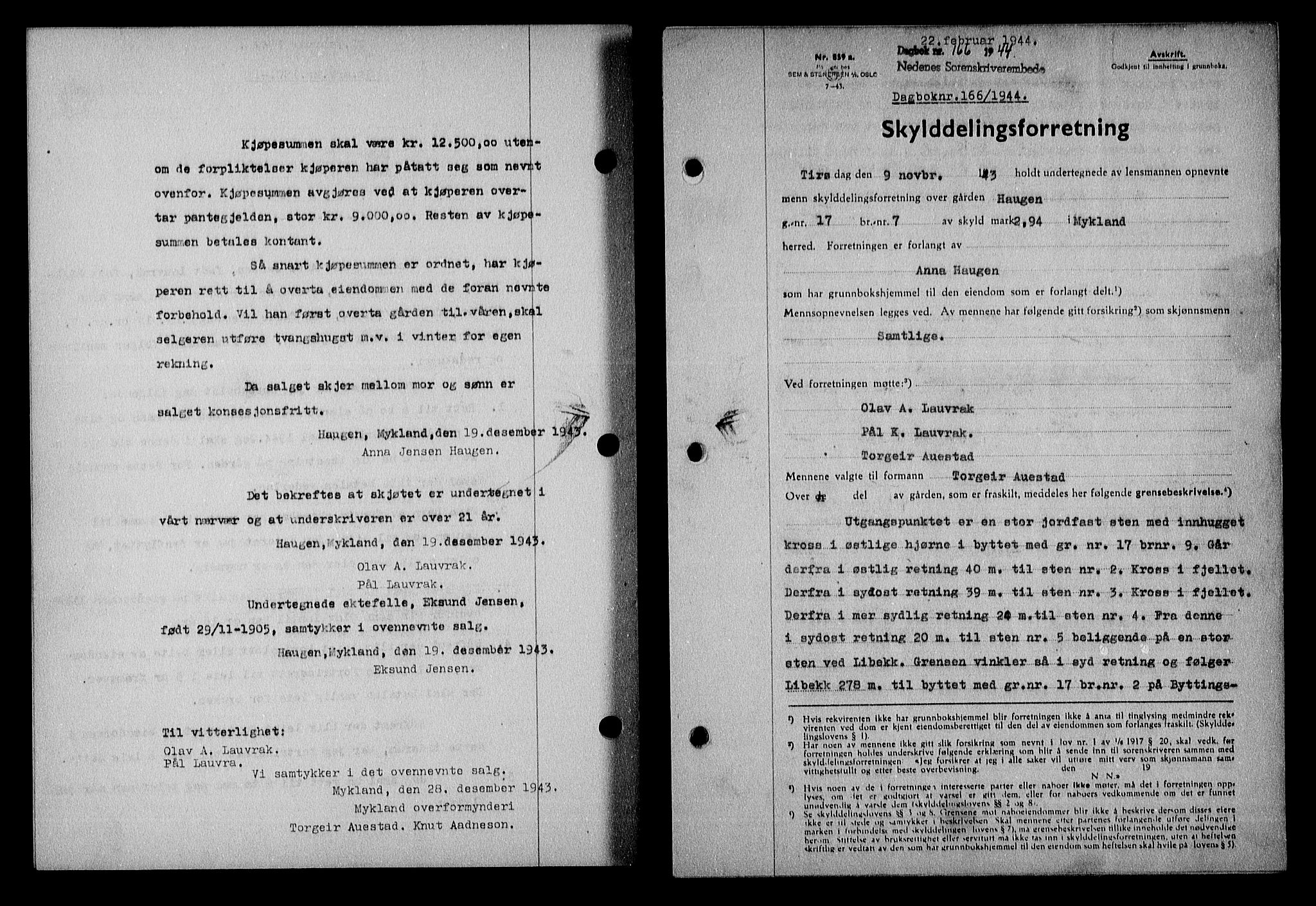 Nedenes sorenskriveri, SAK/1221-0006/G/Gb/Gba/L0051: Mortgage book no. A-V, 1943-1944, Diary no: : 166/1944