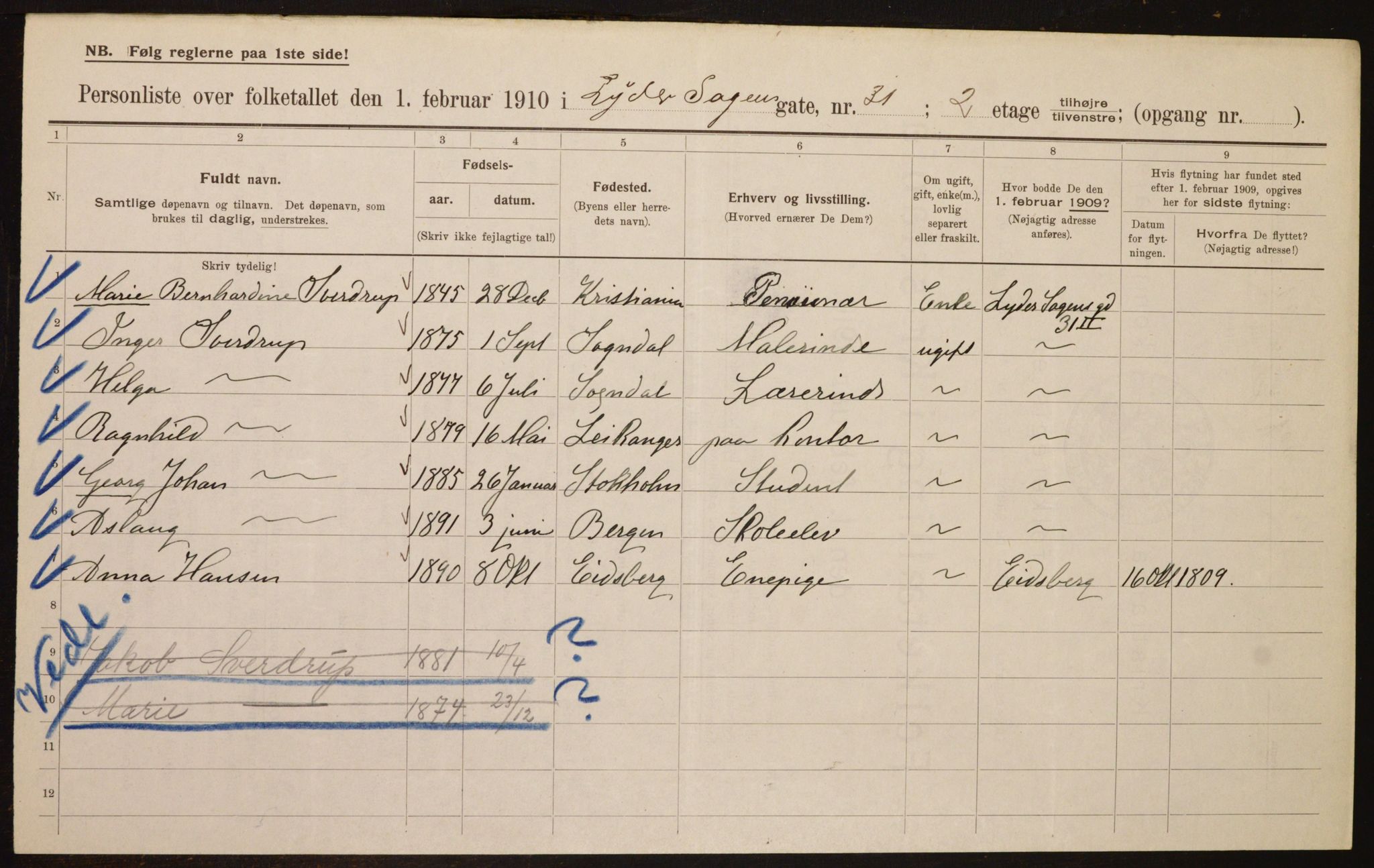 OBA, Municipal Census 1910 for Kristiania, 1910, p. 56542