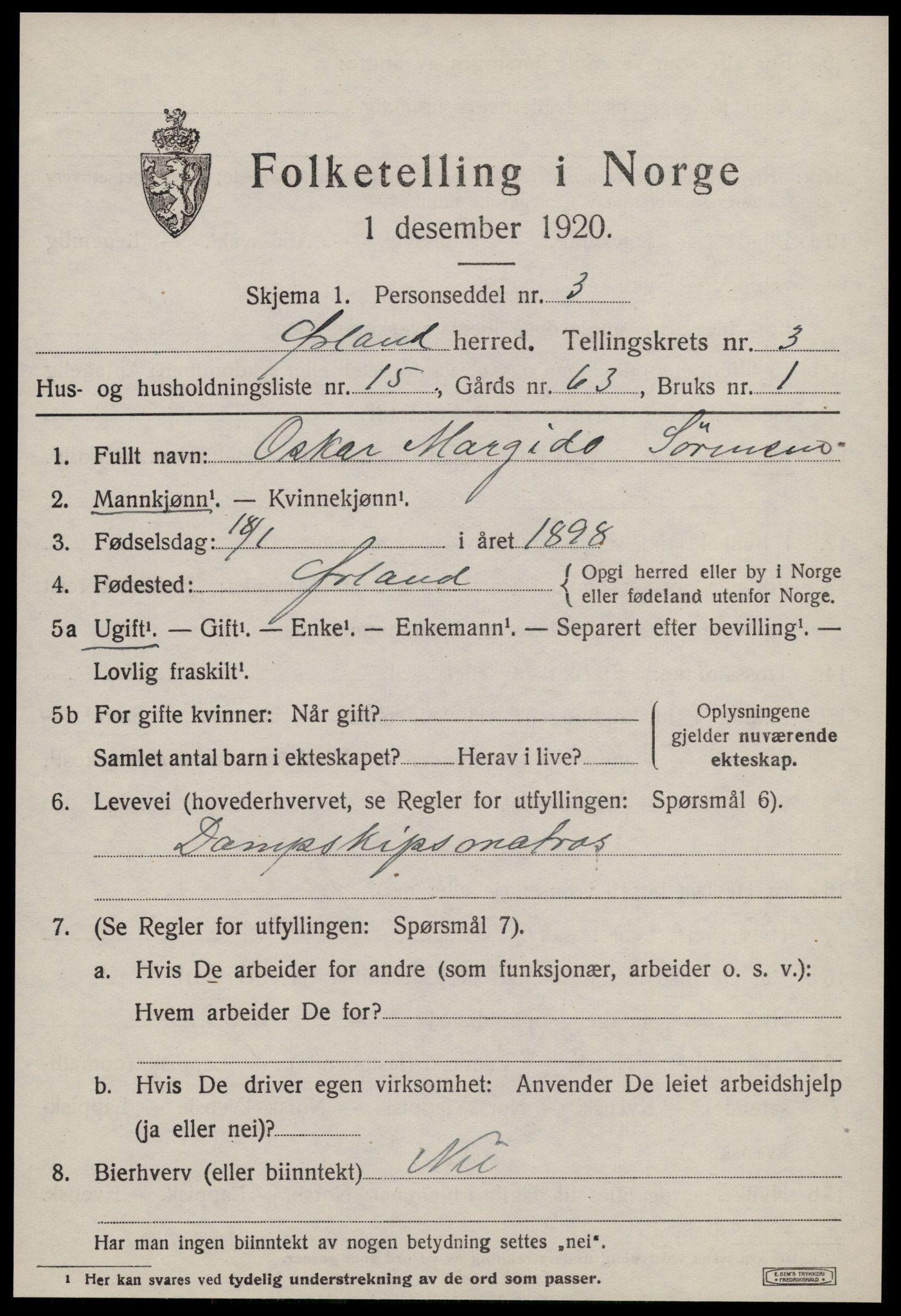 SAT, 1920 census for Ørland, 1920, p. 2645