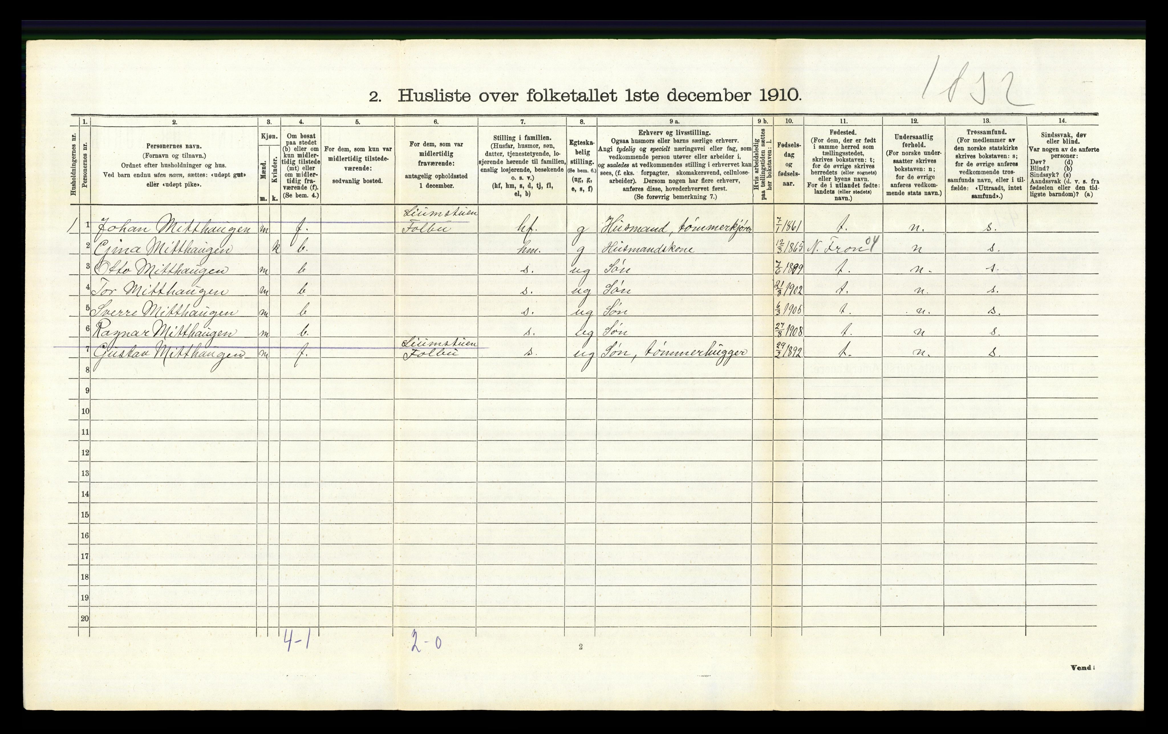 RA, 1910 census for Fåberg, 1910, p. 699