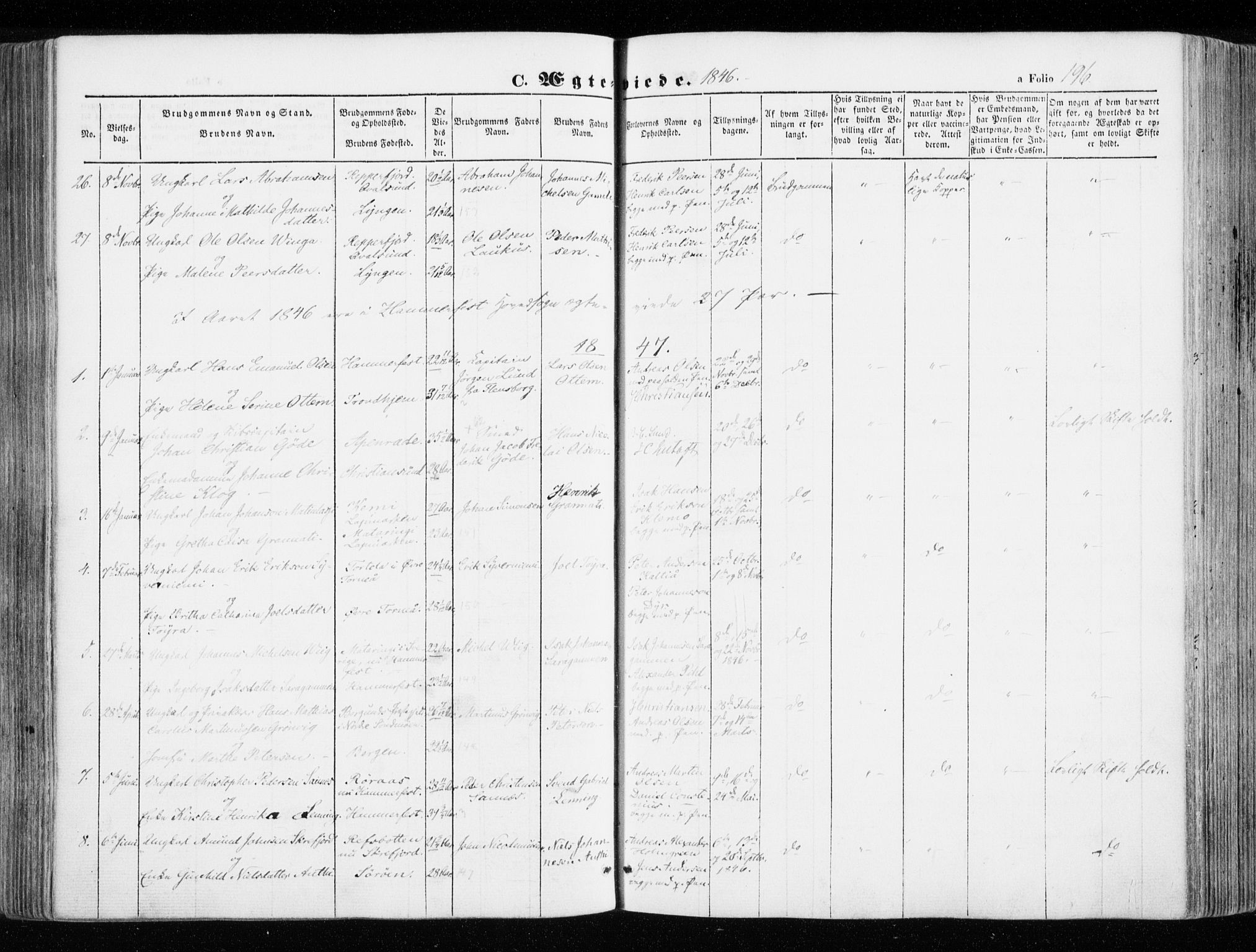 Hammerfest sokneprestkontor, SATØ/S-1347/H/Ha/L0004.kirke: Parish register (official) no. 4, 1843-1856, p. 196