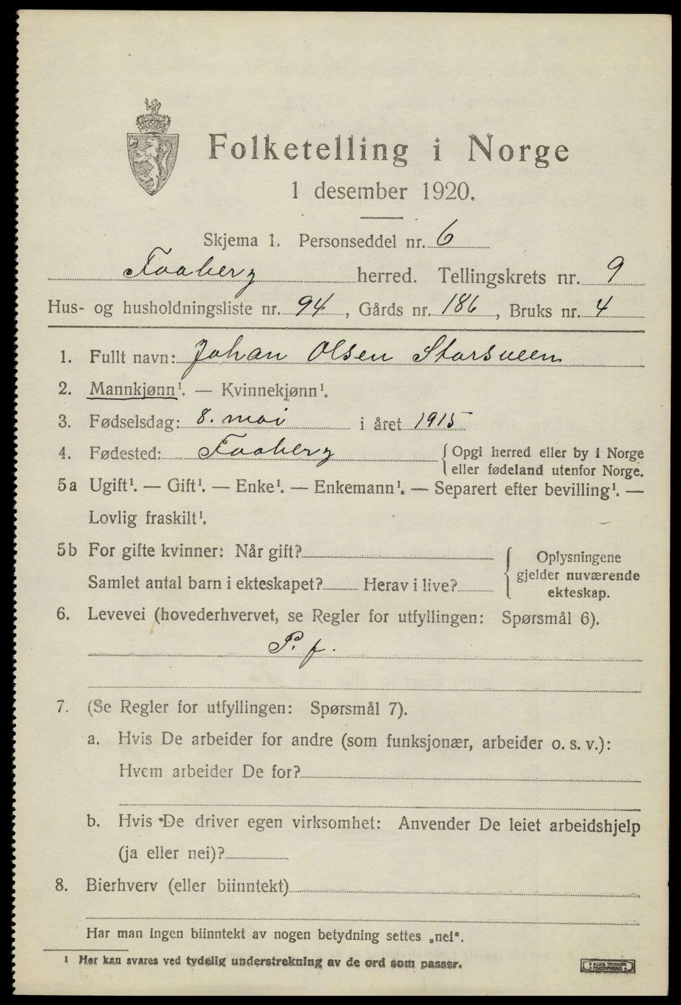 SAH, 1920 census for Fåberg, 1920, p. 11542