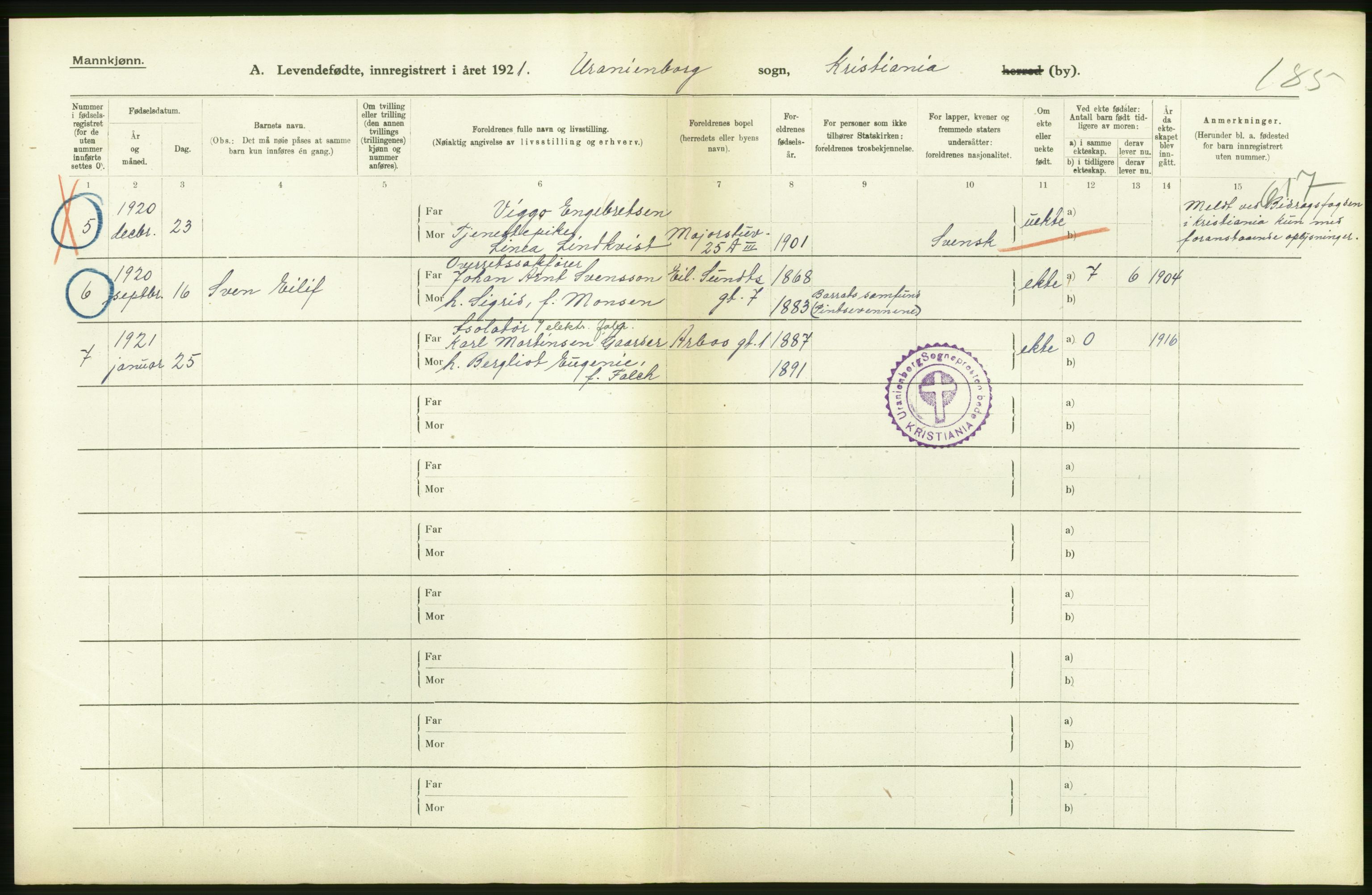 Statistisk sentralbyrå, Sosiodemografiske emner, Befolkning, RA/S-2228/D/Df/Dfc/Dfca/L0010: Kristiania: Levendefødte menn og kvinner., 1921, p. 102