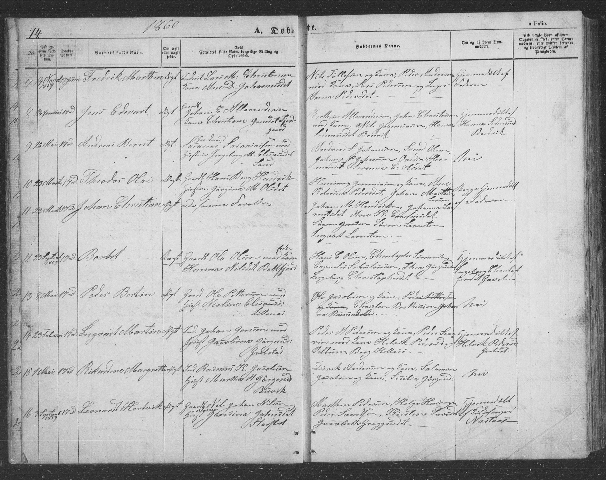 Lenvik sokneprestembete, SATØ/S-1310/H/Ha/Hab/L0020klokker: Parish register (copy) no. 20, 1855-1883, p. 14