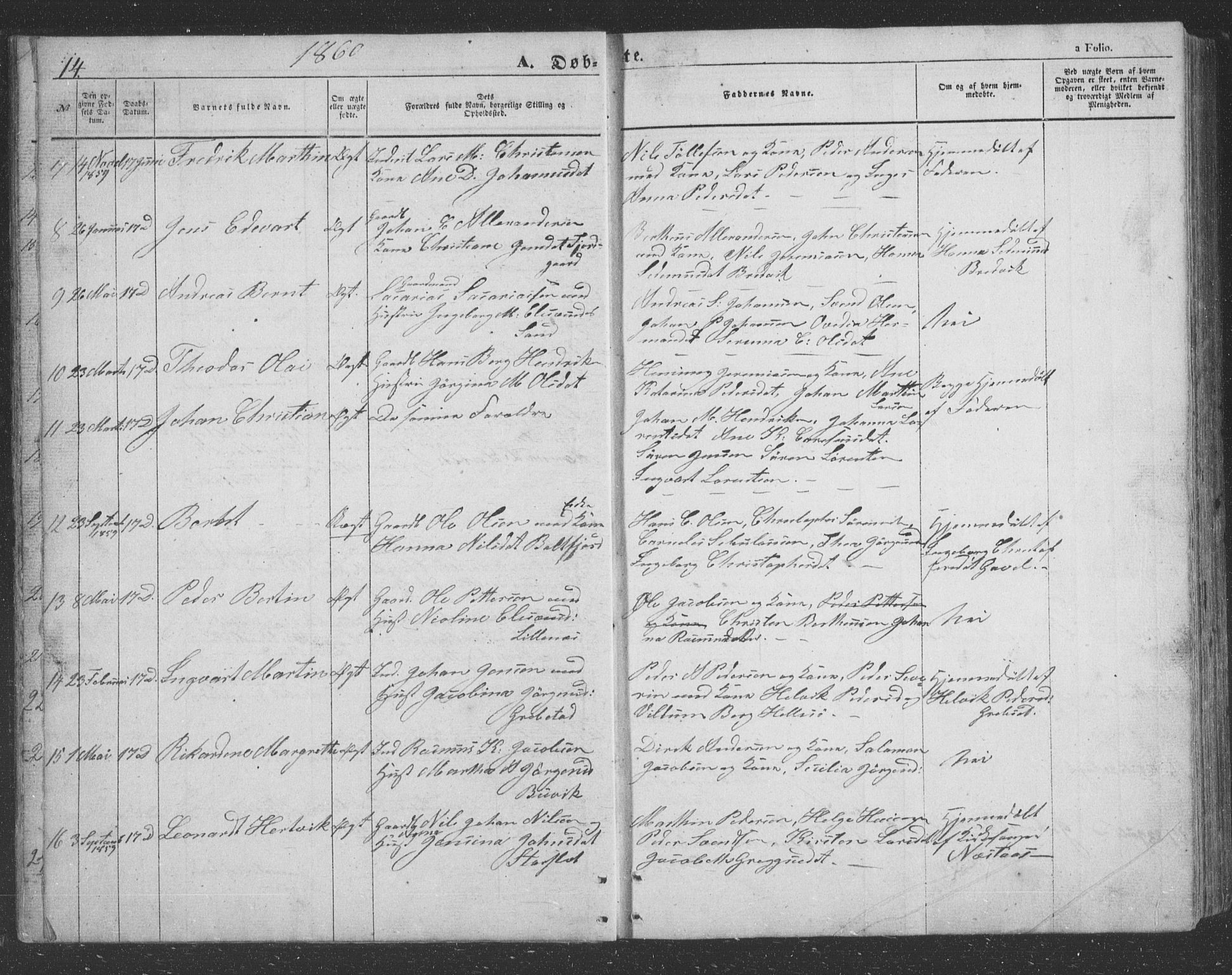 Lenvik sokneprestembete, AV/SATØ-S-1310/H/Ha/Hab/L0020klokker: Parish register (copy) no. 20, 1855-1883, p. 14