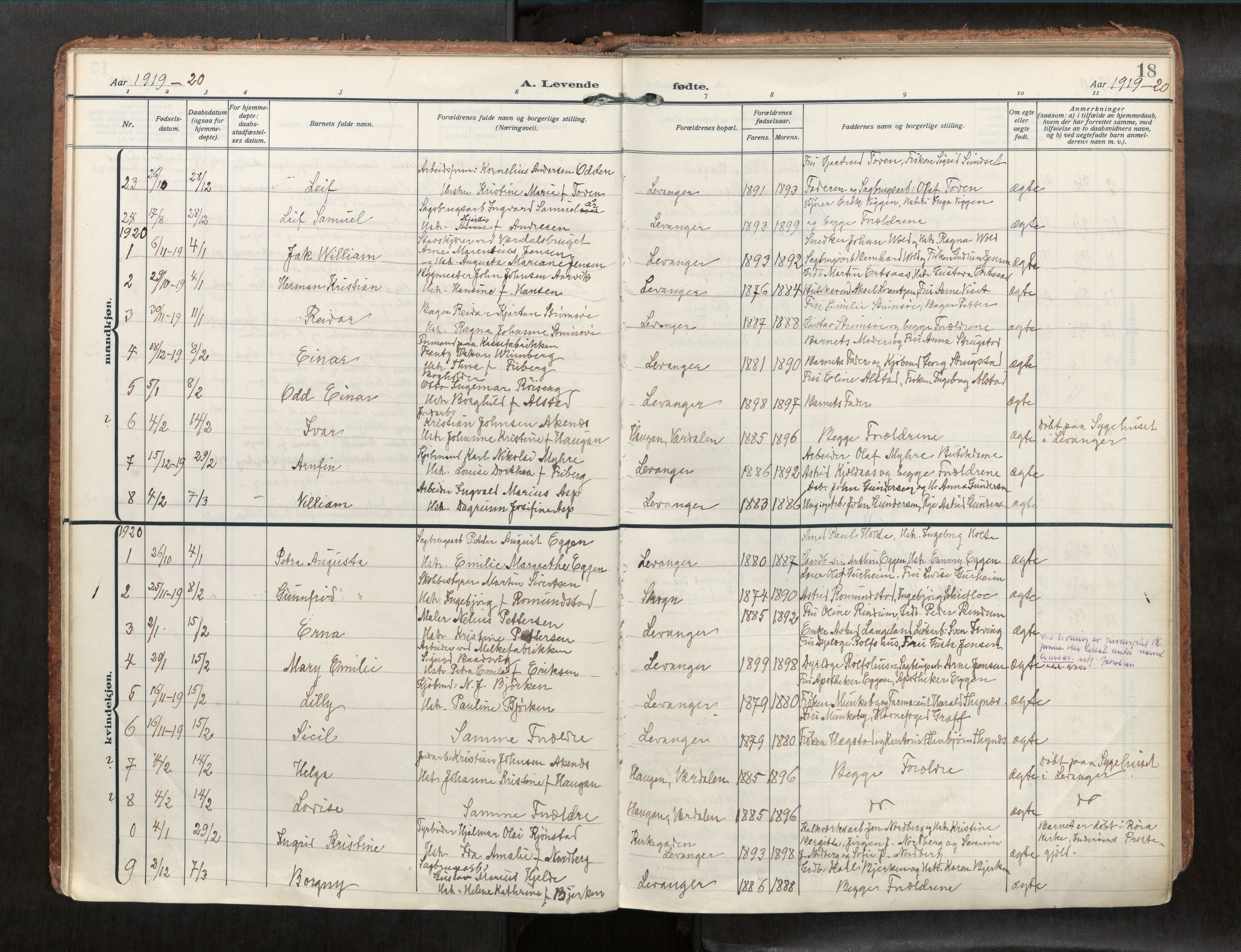 Levanger sokneprestkontor, SAT/A-1301/2/H/Haa/L0001: Parish register (official) no. 1, 1912-1932, p. 18