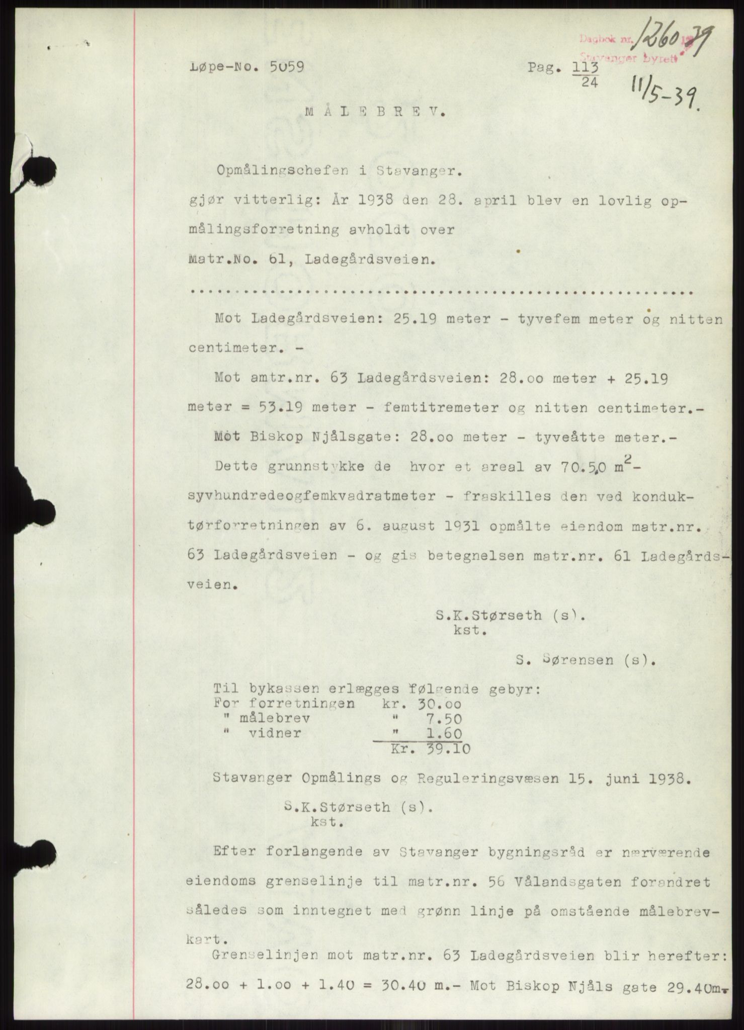 Stavanger byrett, SAST/A-100455/002/G/Gb/L0033: Mortgage book, 1936-1950, Diary no: : 1260/1939