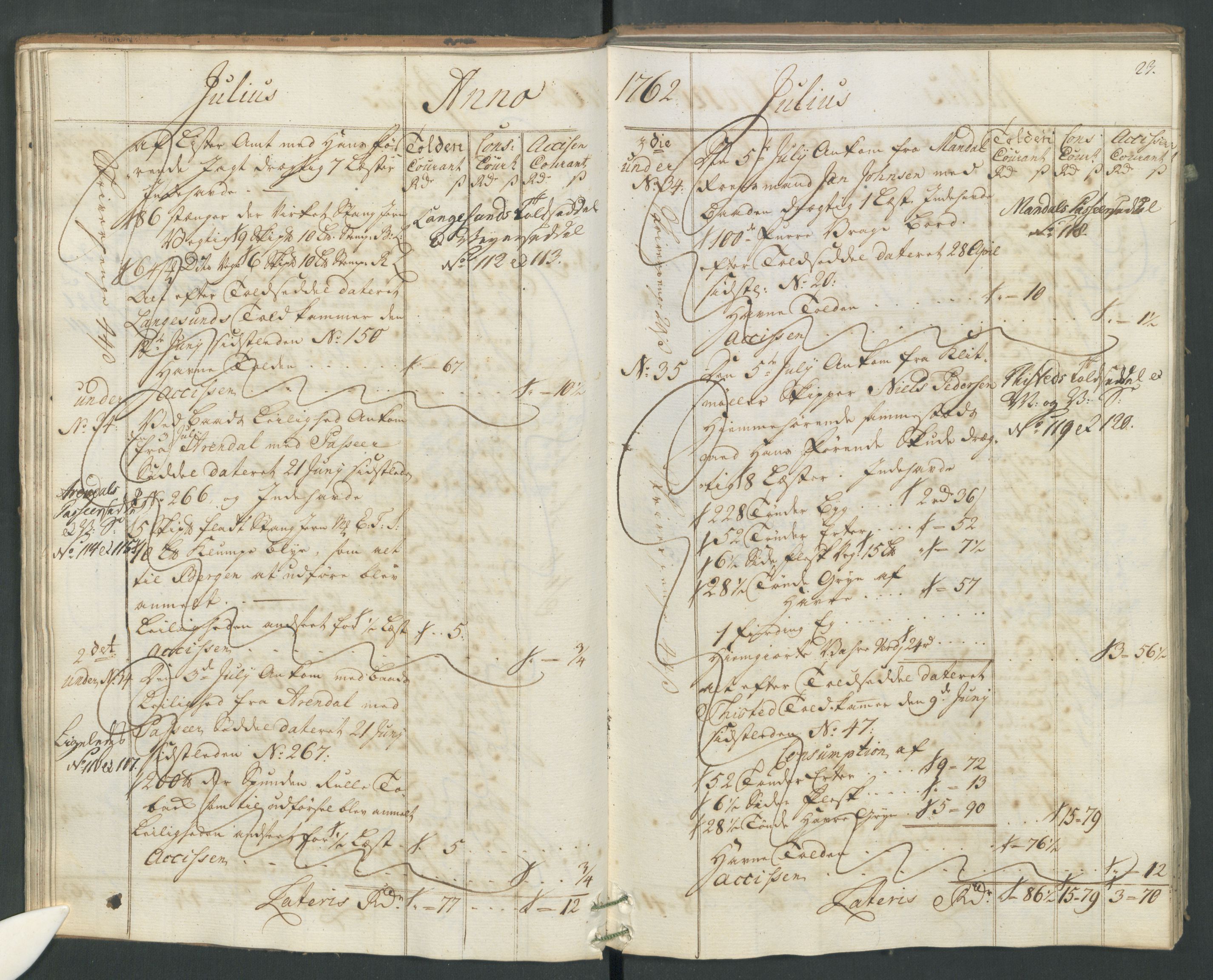 Generaltollkammeret, tollregnskaper, AV/RA-EA-5490/R19/L0021a/0001: Tollregnskaper Flekkefjord / Inngående hovedtollbok, 1762, p. 22b-23a