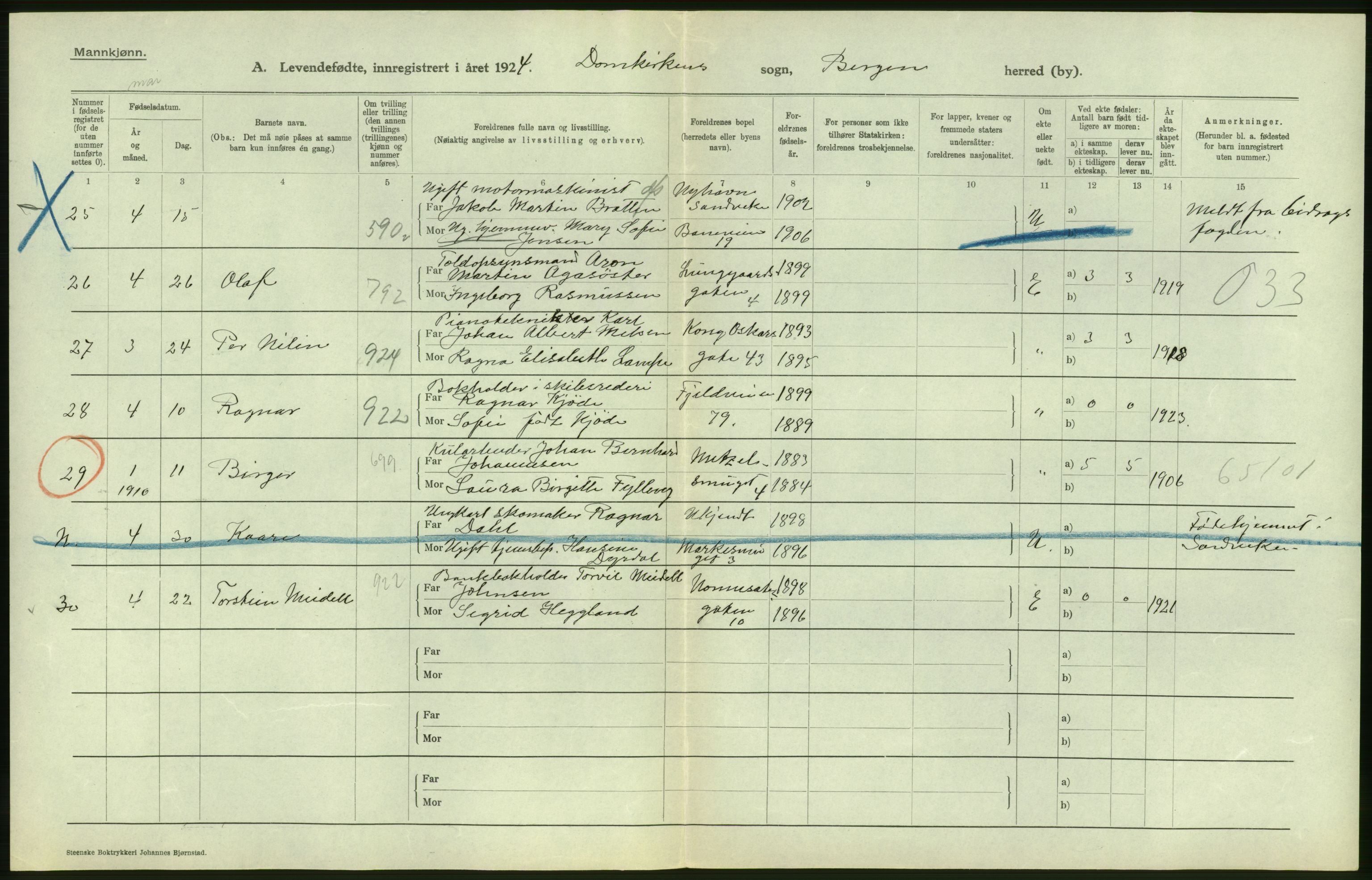 Statistisk sentralbyrå, Sosiodemografiske emner, Befolkning, AV/RA-S-2228/D/Df/Dfc/Dfcd/L0027: Bergen: Levendefødte menn og kvinner, dødfødte., 1924, p. 12