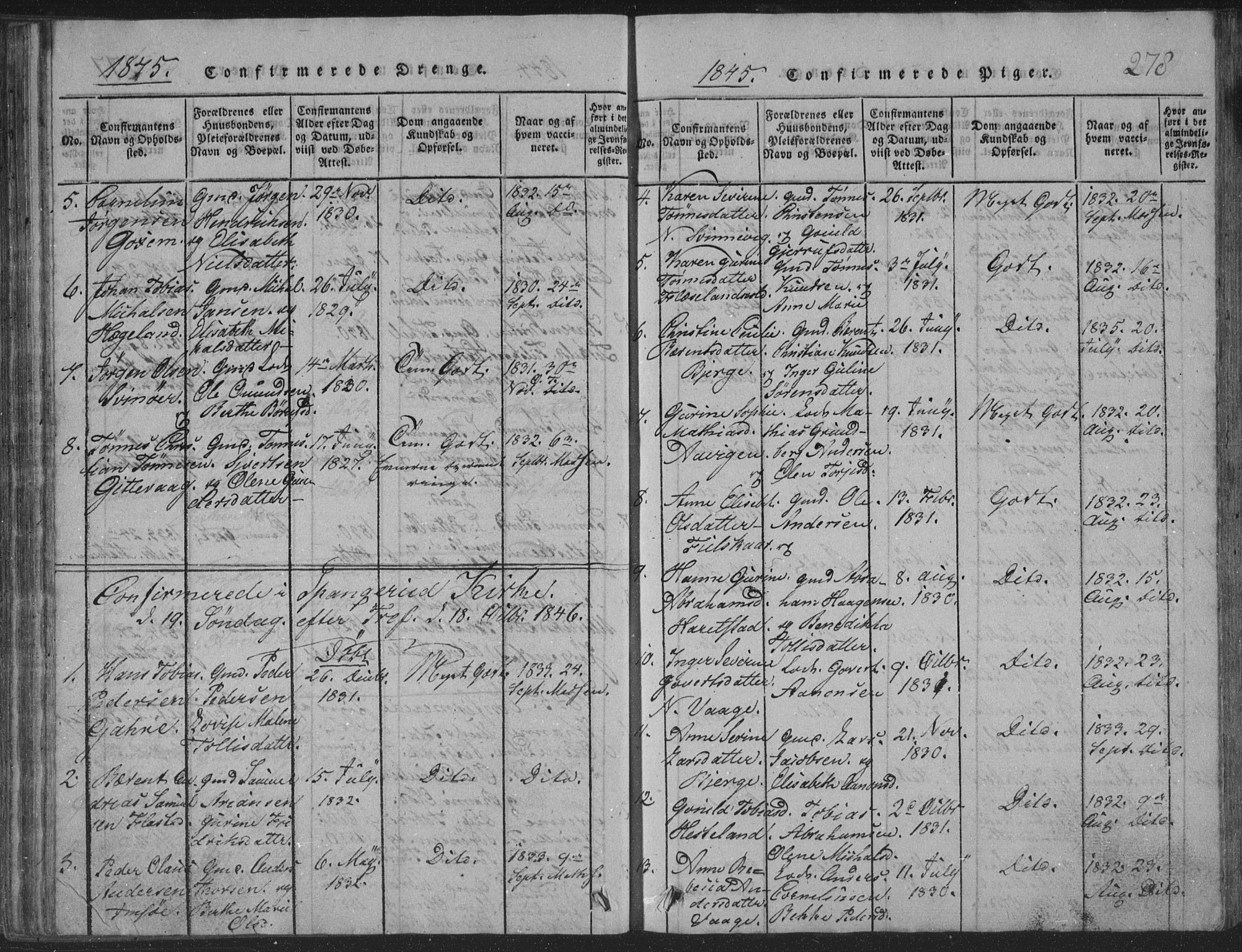 Sør-Audnedal sokneprestkontor, SAK/1111-0039/F/Fb/Fba/L0001: Parish register (copy) no. B 1, 1815-1850, p. 278
