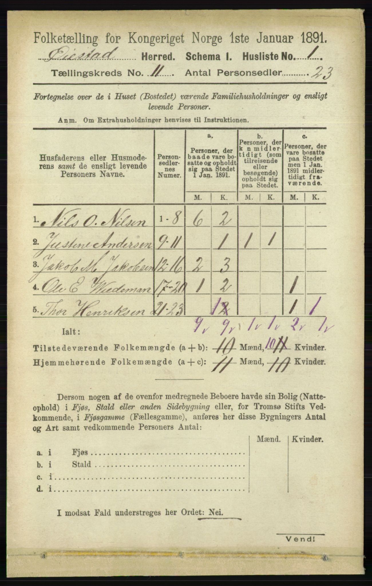 RA, 1891 census for 0920 Øyestad, 1891, p. 4729