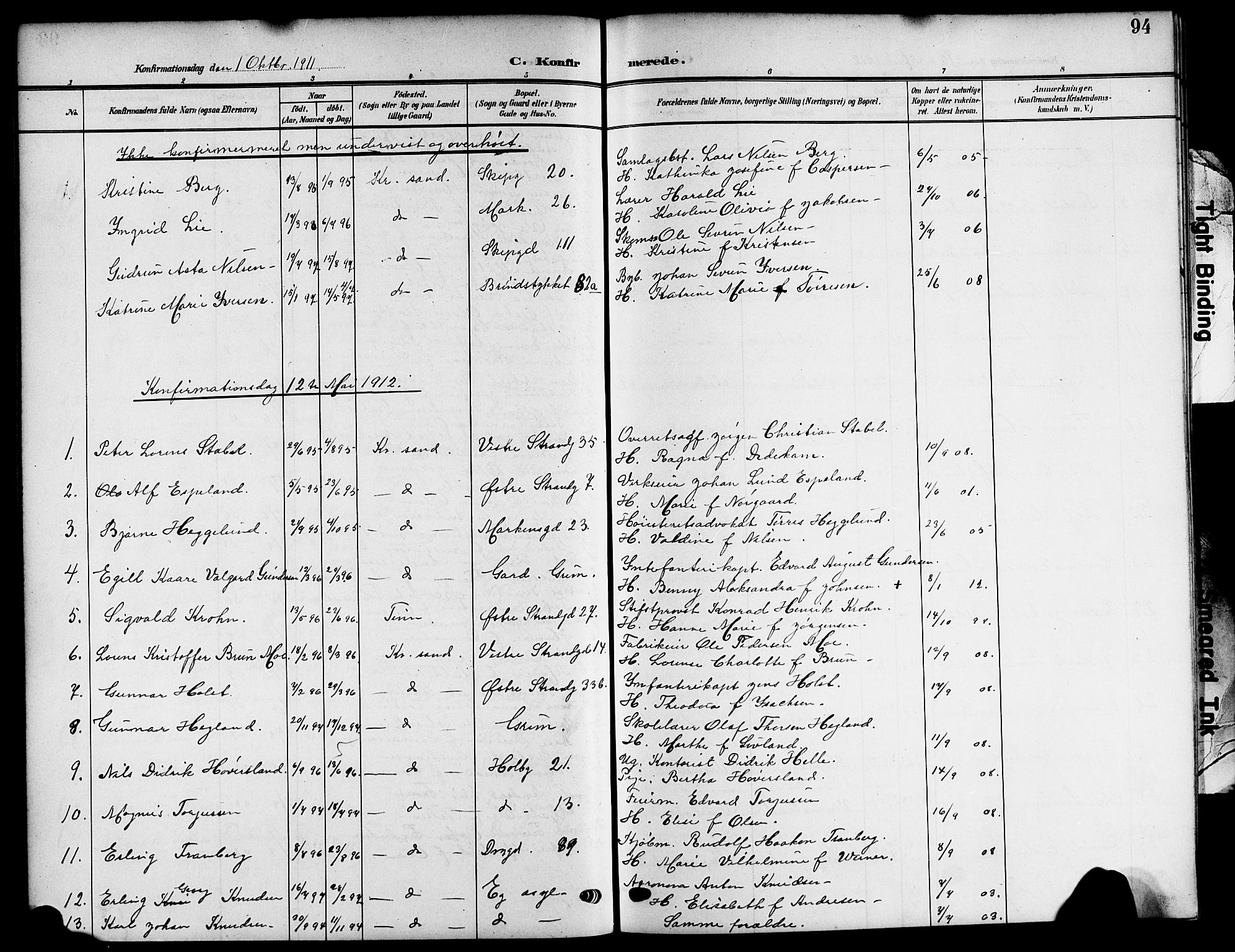 Kristiansand domprosti, SAK/1112-0006/F/Fb/L0020: Parish register (copy) no. B 20, 1906-1915, p. 94
