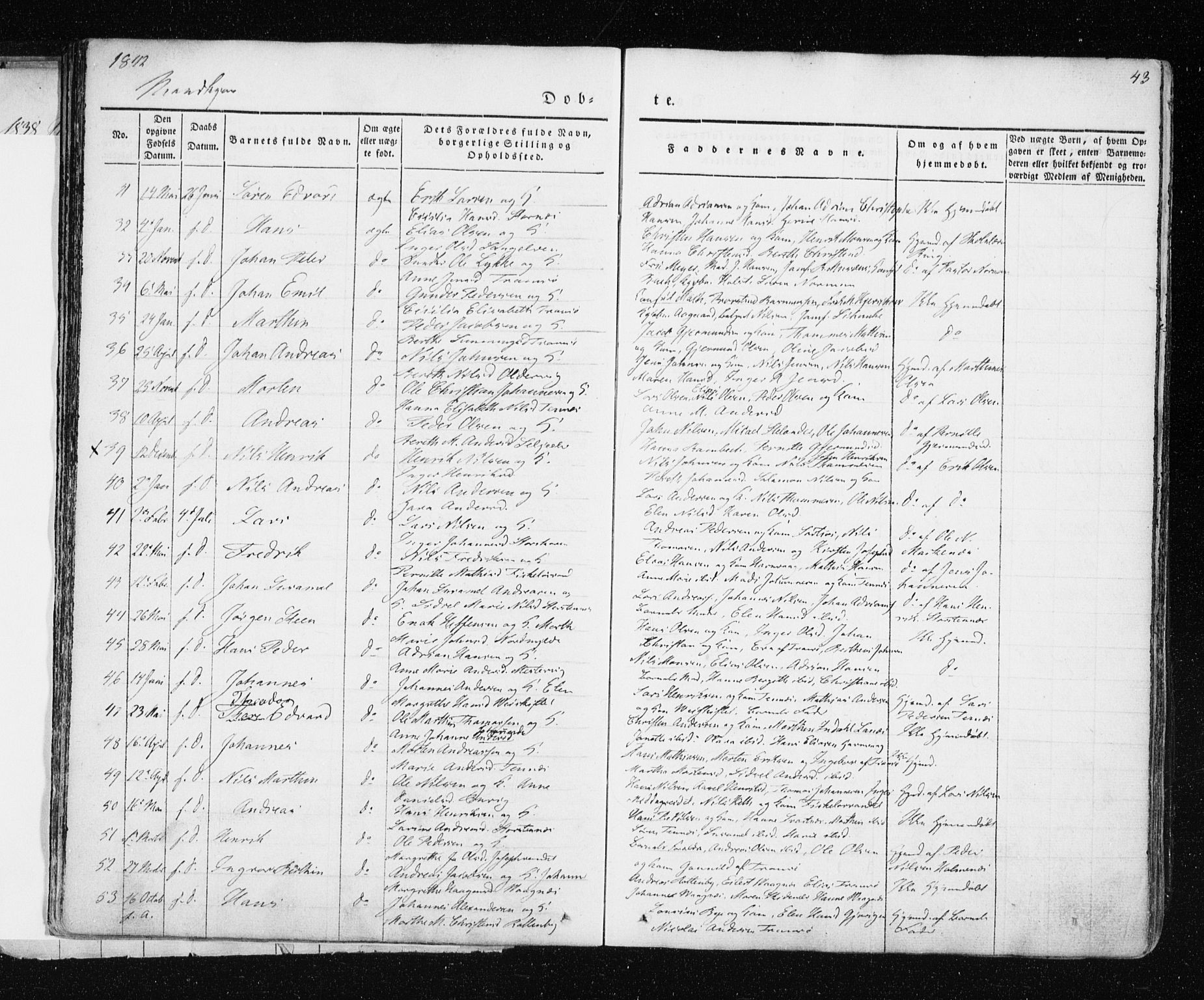 Tromsø sokneprestkontor/stiftsprosti/domprosti, SATØ/S-1343/G/Ga/L0009kirke: Parish register (official) no. 9, 1837-1847, p. 43