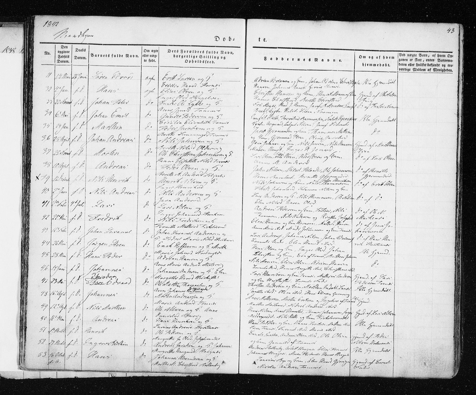 Tromsø sokneprestkontor/stiftsprosti/domprosti, AV/SATØ-S-1343/G/Ga/L0009kirke: Parish register (official) no. 9, 1837-1847, p. 43