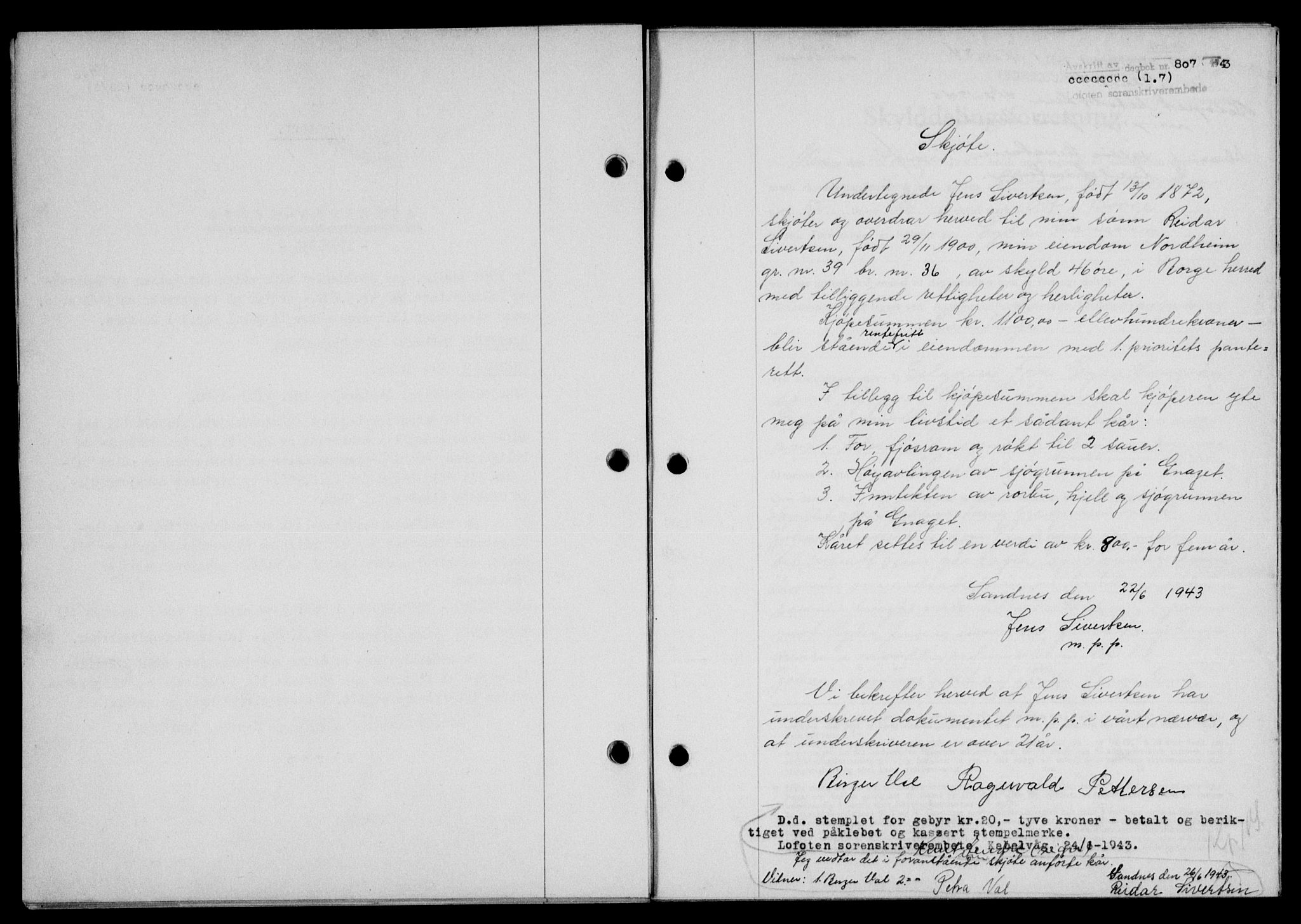 Lofoten sorenskriveri, SAT/A-0017/1/2/2C/L0011a: Mortgage book no. 11a, 1943-1943, Diary no: : 807/1943