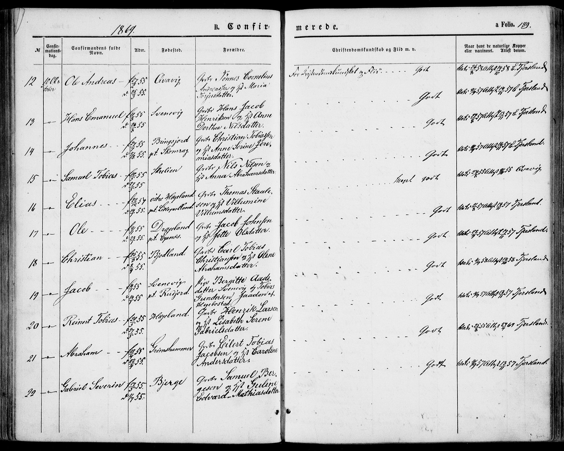 Lyngdal sokneprestkontor, SAK/1111-0029/F/Fa/Fac/L0010: Parish register (official) no. A 10, 1865-1878, p. 189