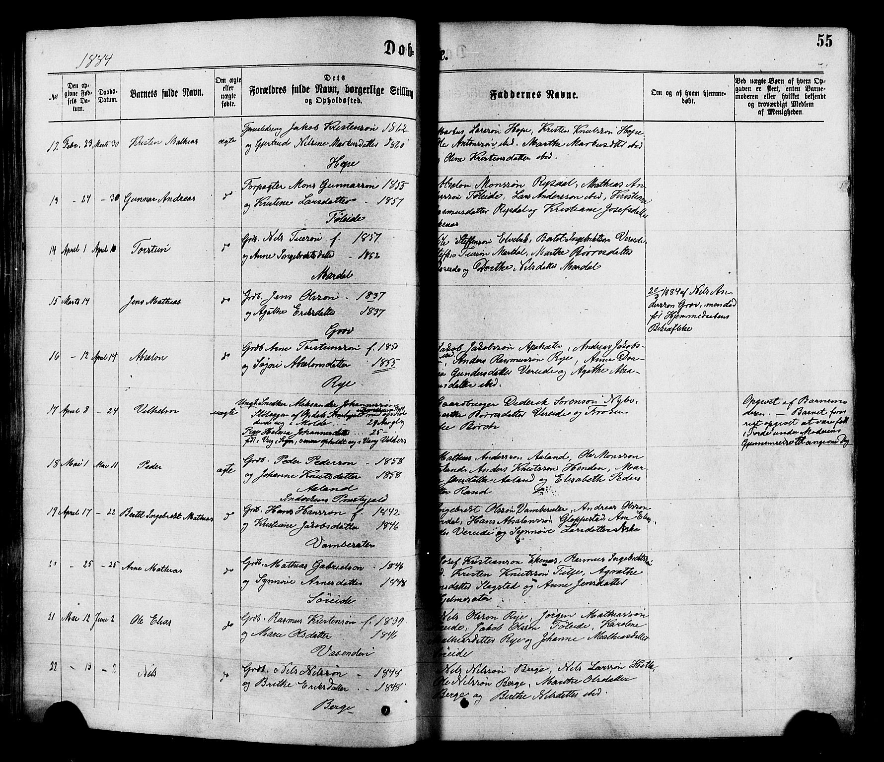 Gloppen sokneprestembete, SAB/A-80101/H/Haa/Haaa/L0010: Parish register (official) no. A 10, 1871-1884, p. 55