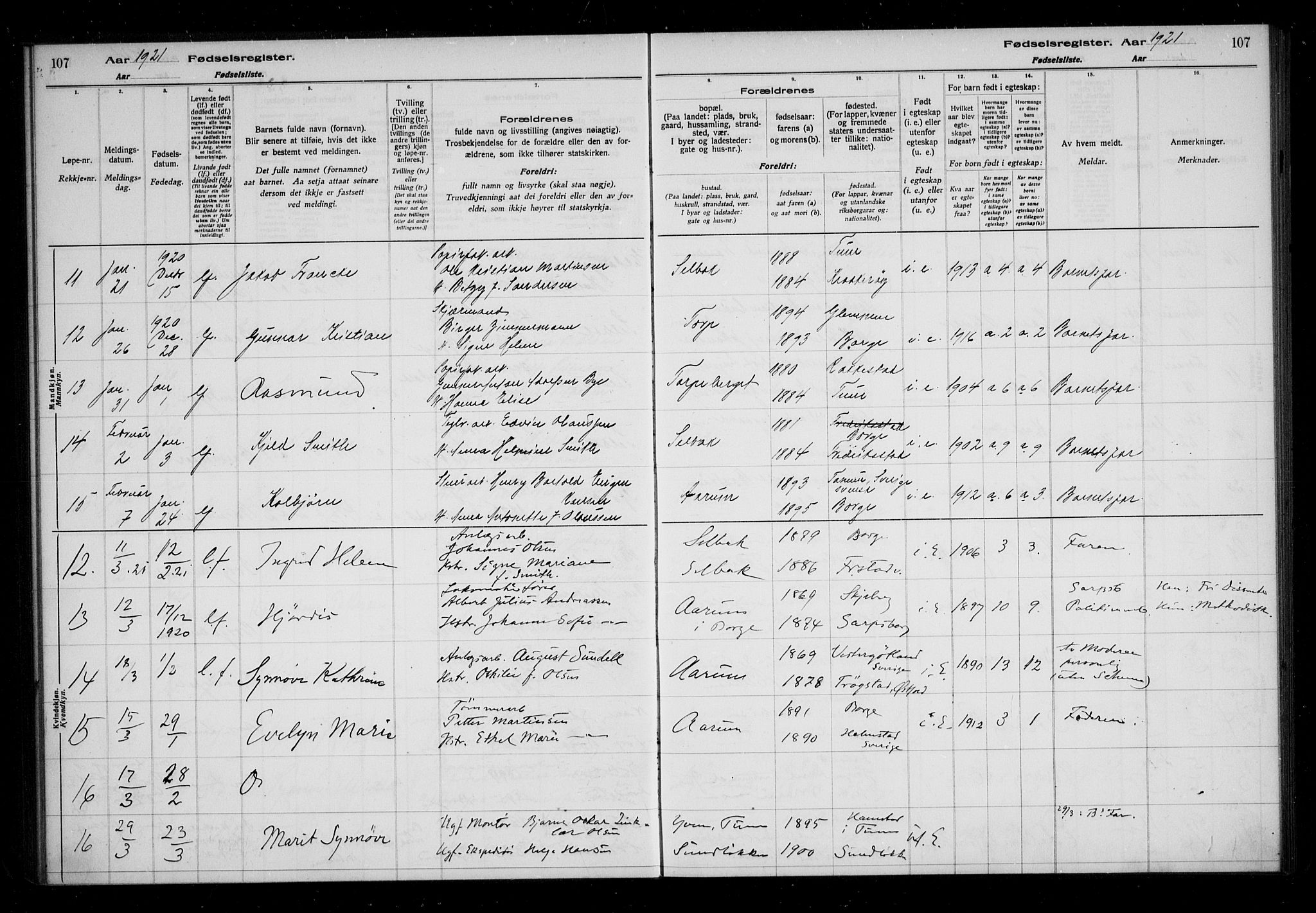 Borge prestekontor Kirkebøker, SAO/A-10903/J/Ja/L0001: Birth register no. I 1, 1916-1925, p. 107
