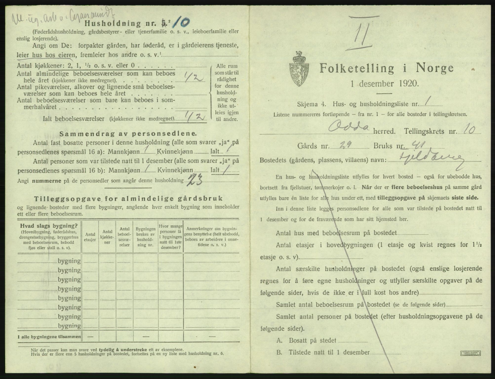 SAB, 1920 census for Odda, 1920, p. 882