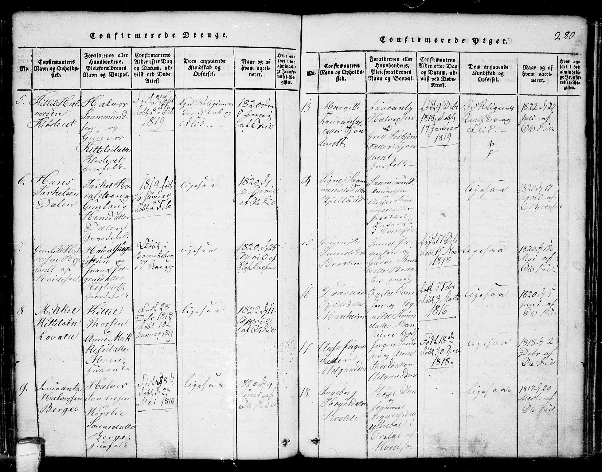 Seljord kirkebøker, SAKO/A-20/G/Ga/L0001: Parish register (copy) no. I 1, 1815-1854, p. 280