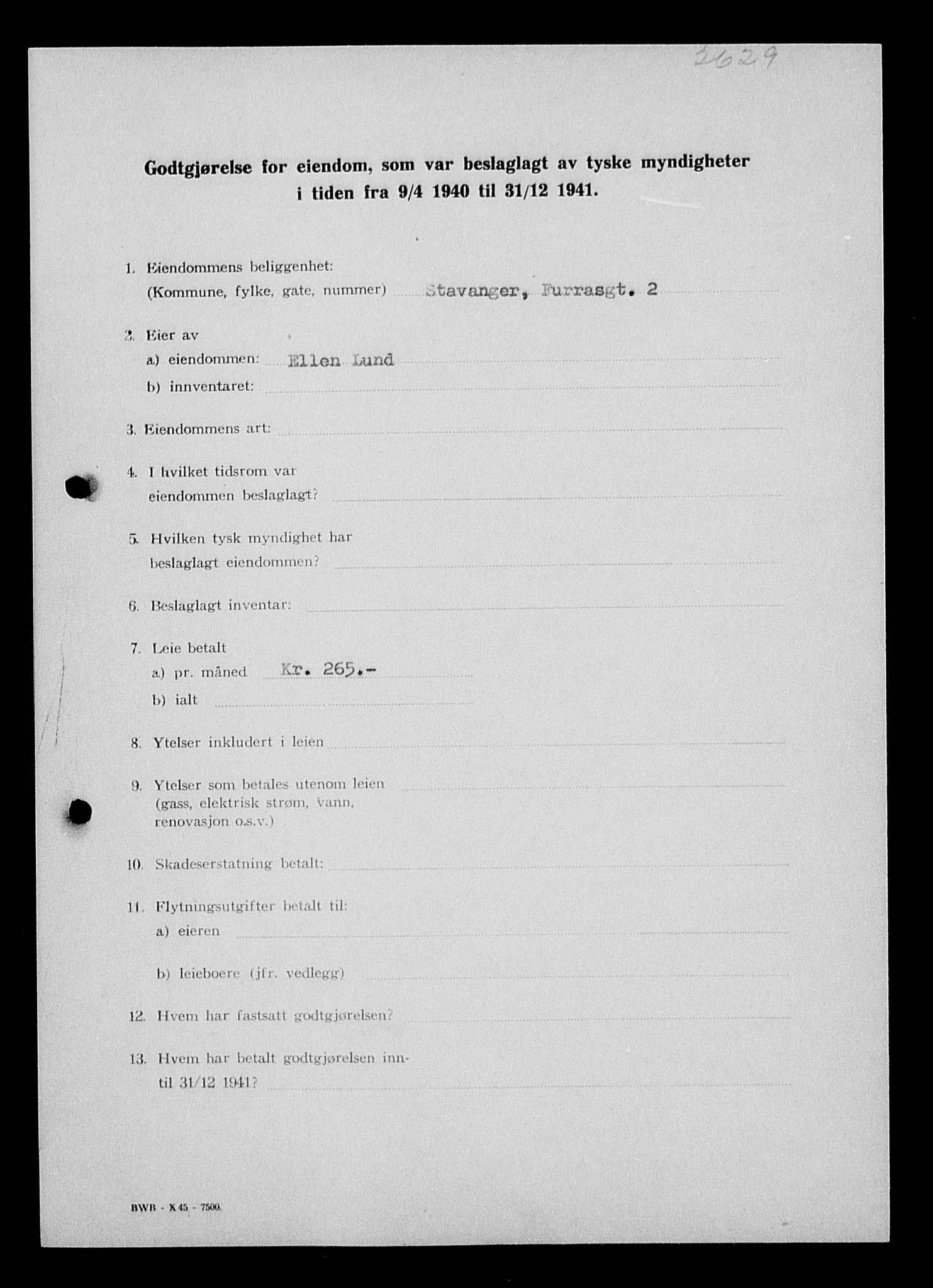 Justisdepartementet, Tilbakeføringskontoret for inndratte formuer, AV/RA-S-1564/I/L1014: Godtgjørelse for beslaglagt eiendom, 1940-1941, p. 76