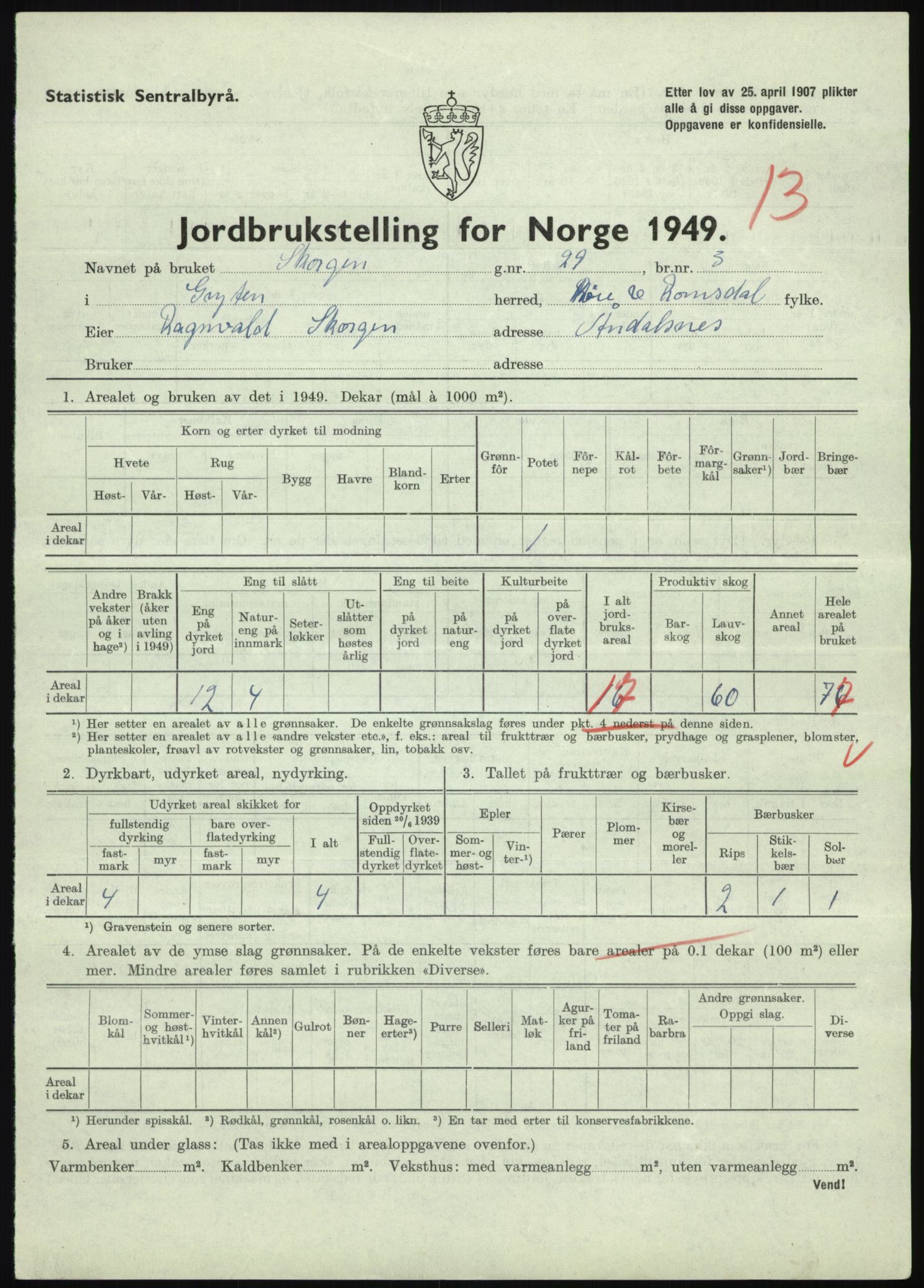 Statistisk sentralbyrå, Næringsøkonomiske emner, Jordbruk, skogbruk, jakt, fiske og fangst, AV/RA-S-2234/G/Gc/L0323: Møre og Romsdal: Grytten og Hen, 1949, p. 83