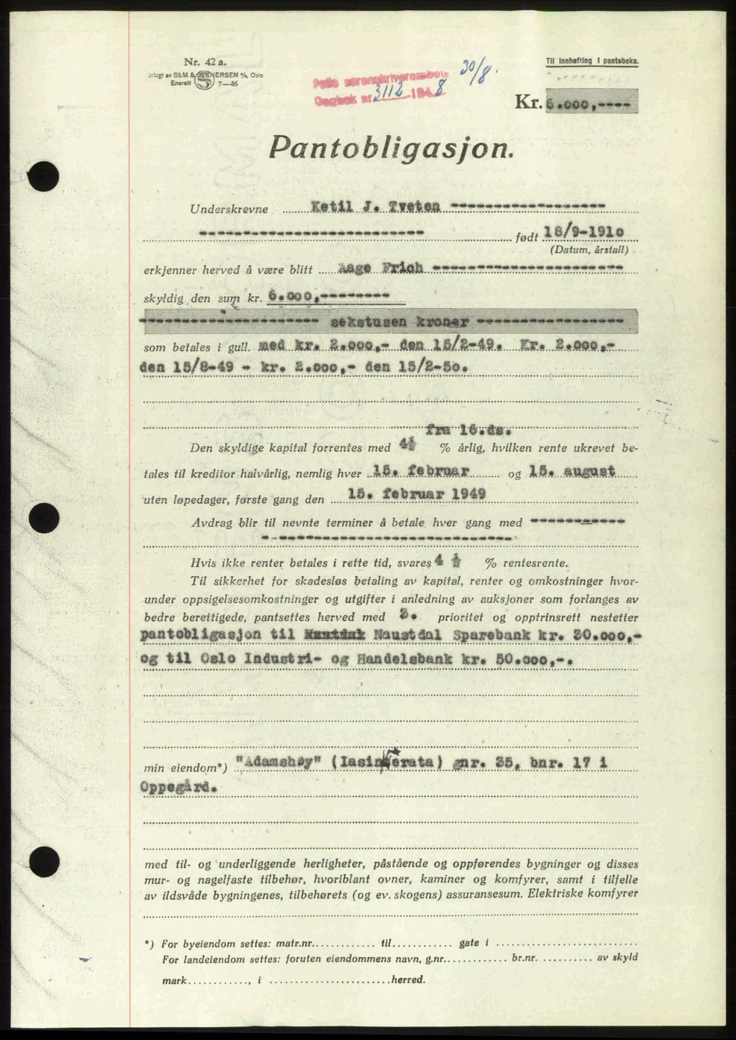 Follo sorenskriveri, SAO/A-10274/G/Ga/Gaa/L0085: Mortgage book no. I 85, 1948-1948, Diary no: : 3112/1948