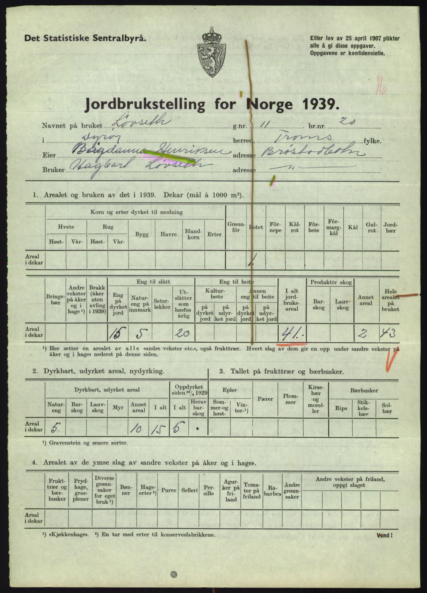 Statistisk sentralbyrå, Næringsøkonomiske emner, Jordbruk, skogbruk, jakt, fiske og fangst, AV/RA-S-2234/G/Gb/L0340: Troms: Salangen og Dyrøy, 1939, p. 1323