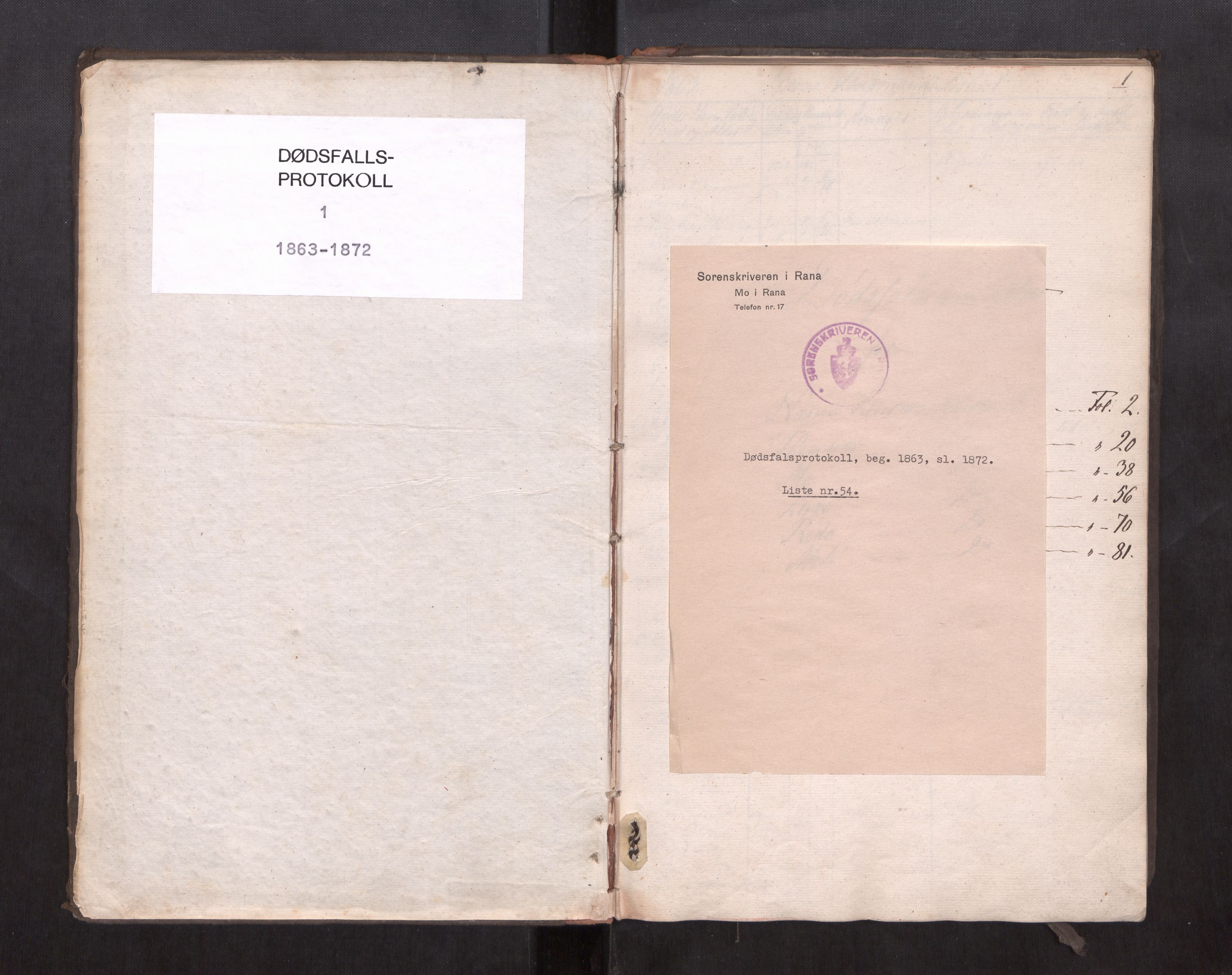 Rana sorenskriveri , SAT/A-1108/1/3/3L/L0001: Dødsanmeldelsesprotokoll, 1863-1872