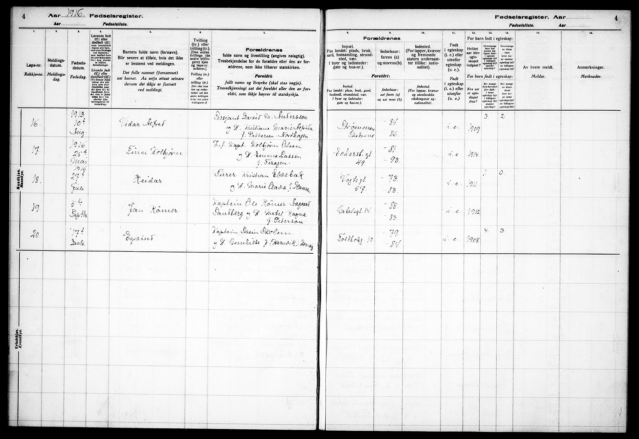 Garnisonsmenigheten Kirkebøker, AV/SAO-A-10846/J/Ja/L0001: Birth register no. 1, 1916-1938, p. 4