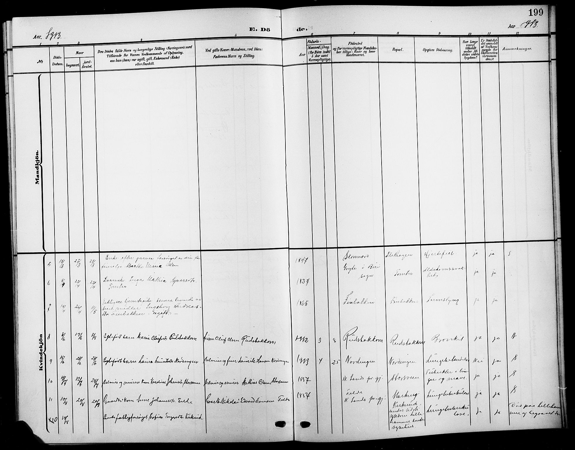 Biri prestekontor, SAH/PREST-096/H/Ha/Hab/L0005: Parish register (copy) no. 5, 1906-1919, p. 199