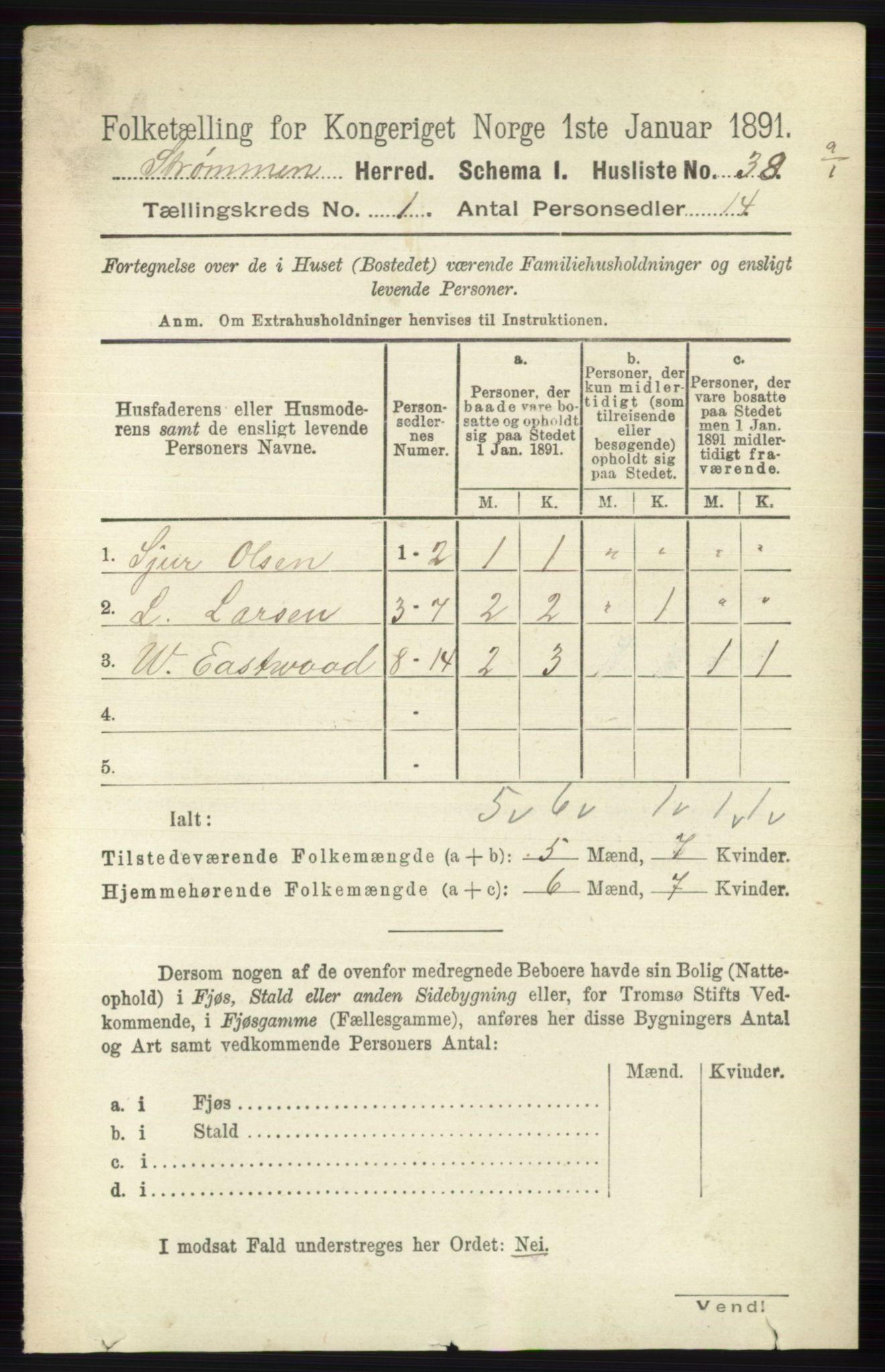 RA, 1891 census for 0711 Strømm, 1891, p. 56