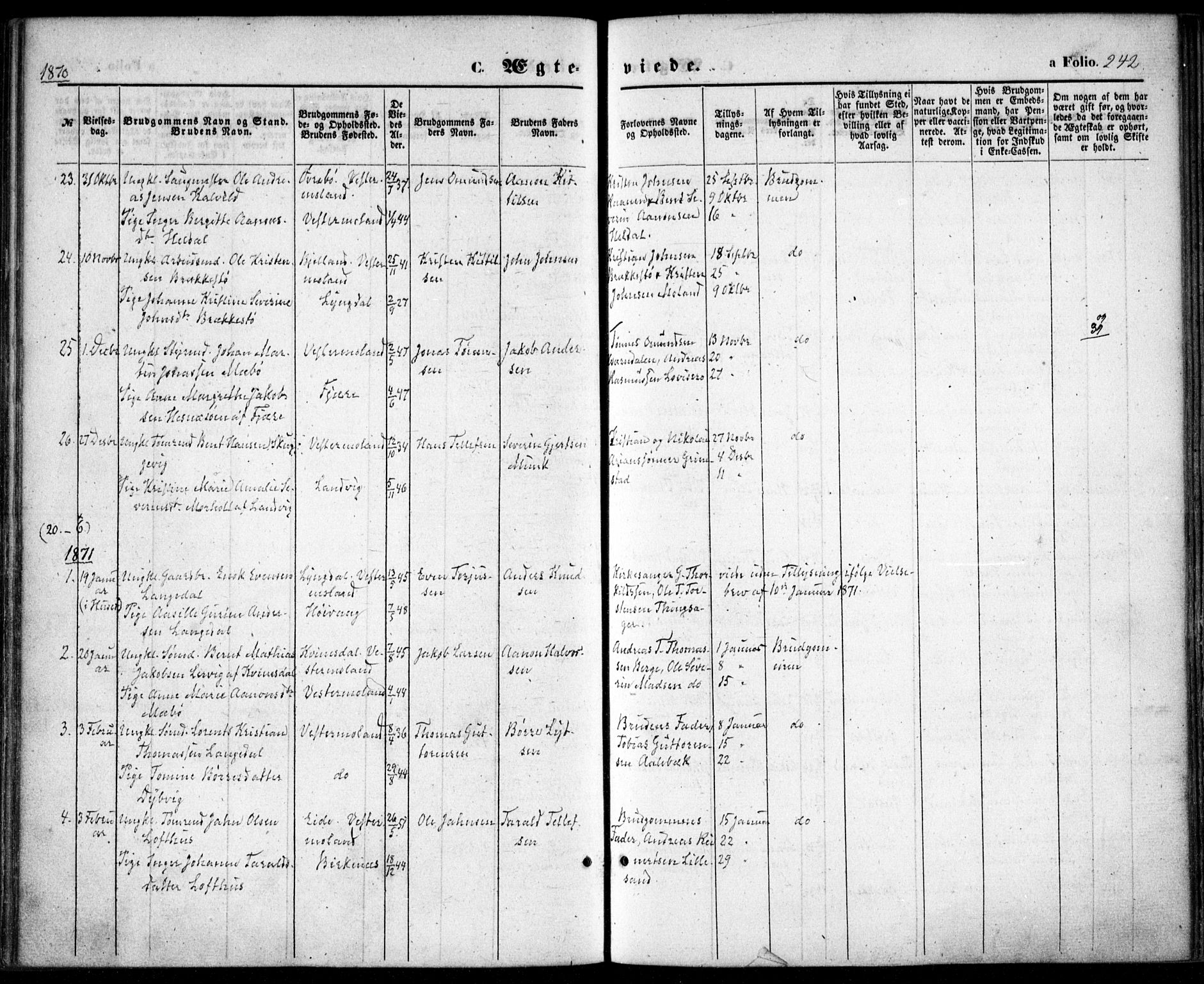 Vestre Moland sokneprestkontor, SAK/1111-0046/F/Fa/Fab/L0007: Parish register (official) no. A 7, 1859-1872, p. 242