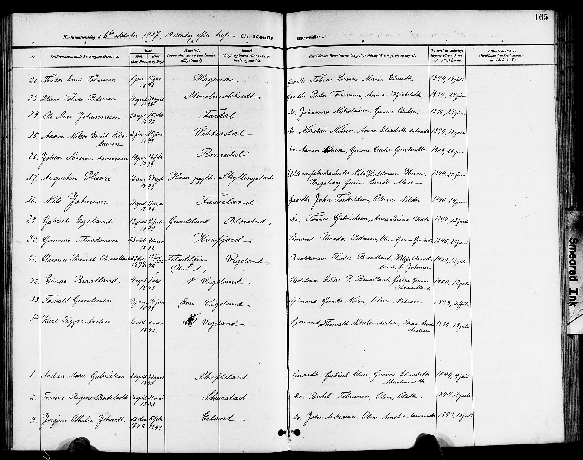 Sør-Audnedal sokneprestkontor, AV/SAK-1111-0039/F/Fb/Fbb/L0006: Parish register (copy) no. B 6, 1893-1915, p. 165